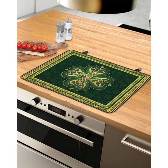 Large Induction Cooktop Protector Mat Saint Patrick's Day Stove Top Covers for Electric Stove, Boho Green Golden Leaves Ethnic Motifs Decorative Stove Burner Cover Mats, Glass Top Stove Cover