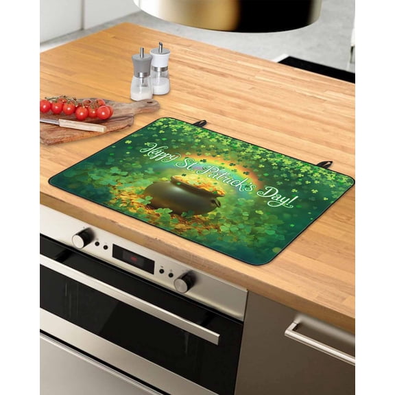 Large Induction Cooktop Protector Mat Saint Patrick's Day Stove Top Covers for Electric Stove, Rainbow Gold Coin Green Lucky Leaves Decorative Stove Burner Cover Mats, Glass Top Stove Cover