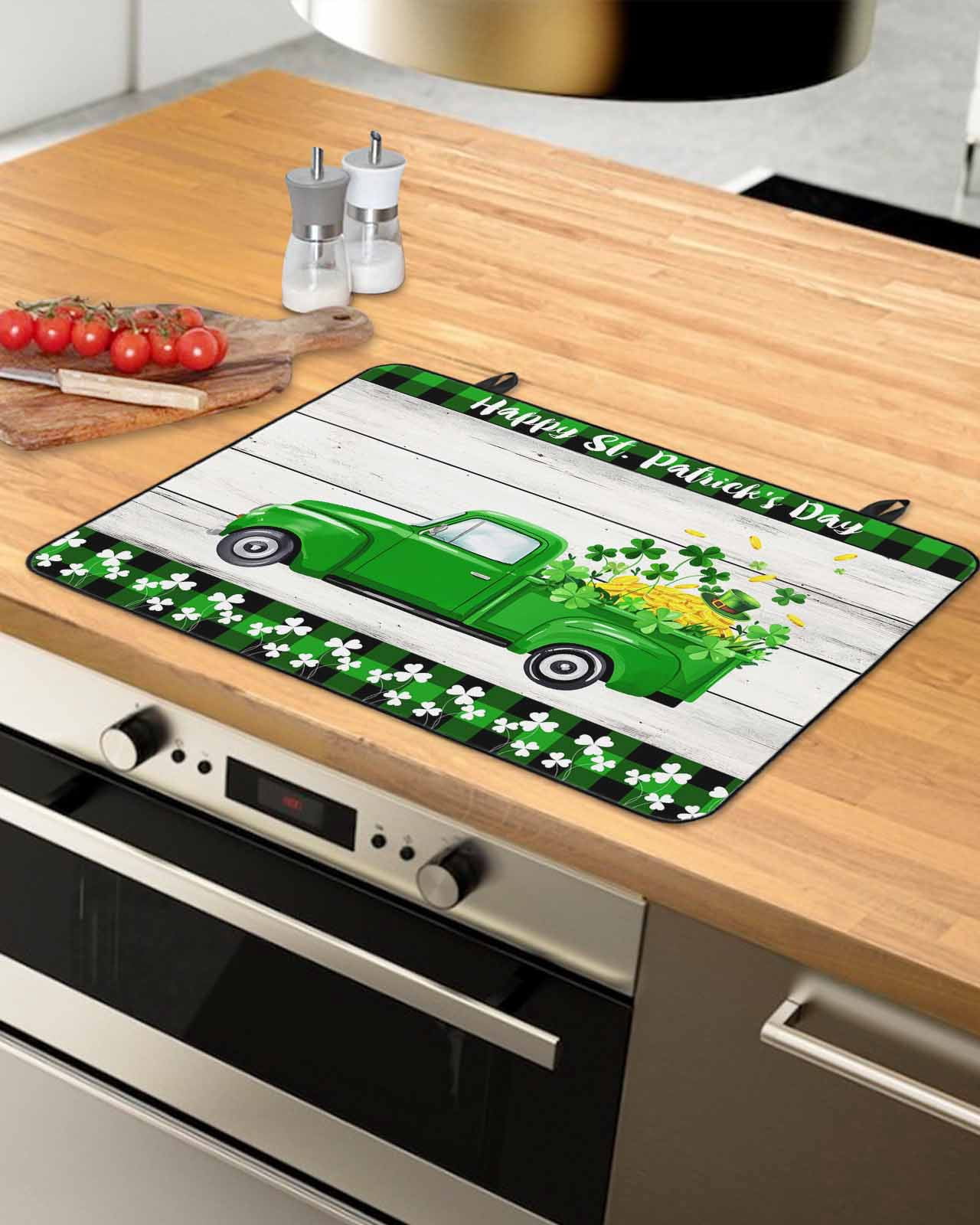 Large Induction Cooktop Protector Mat Saint Patrick's Day Stove Top Covers for Electric Stove, Spring Green Grass Truck Gray Wood Plaid Decorative Stove Burner Cover Mats, Glass Top Stove Cover