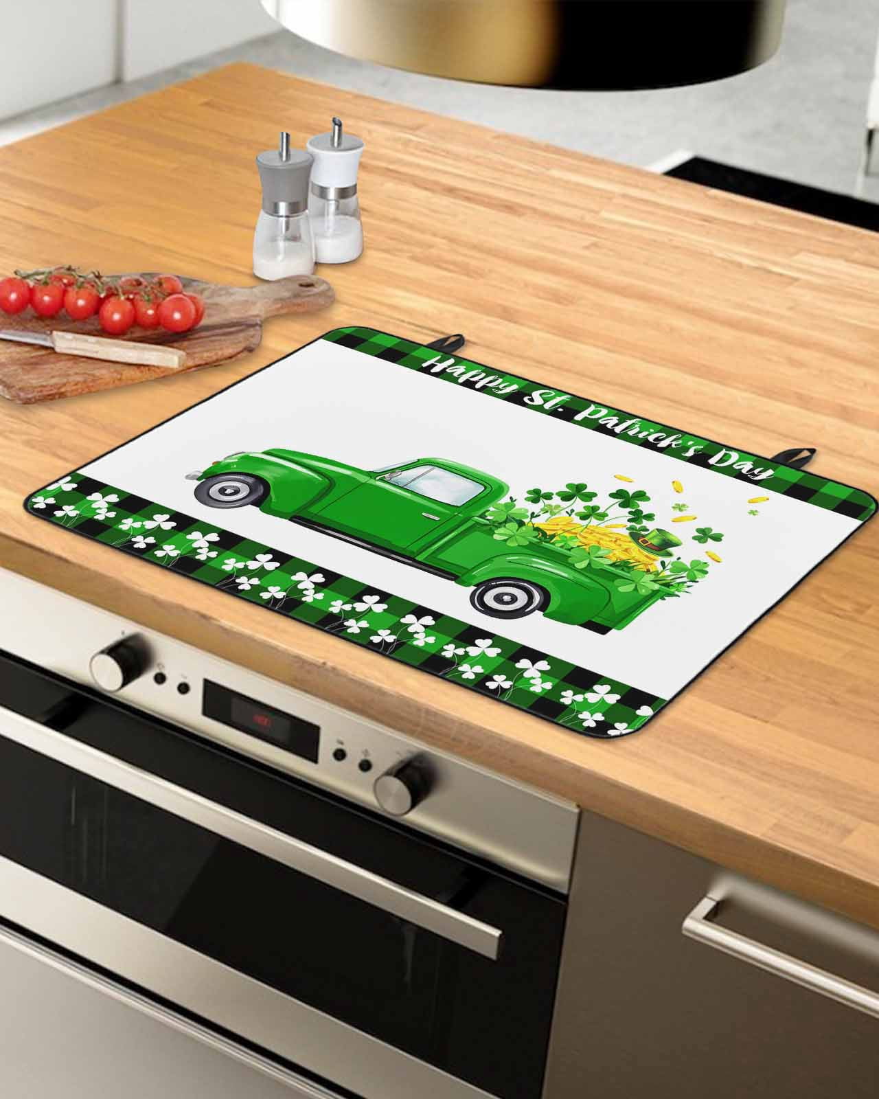 Large Induction Cooktop Protector Mat Saint Patrick's Day Stove Top Covers for Electric Stove, Spring Green Lucky Three Grass Truck Decorative Stove Burner Cover Mats, Glass Top Stove Cover