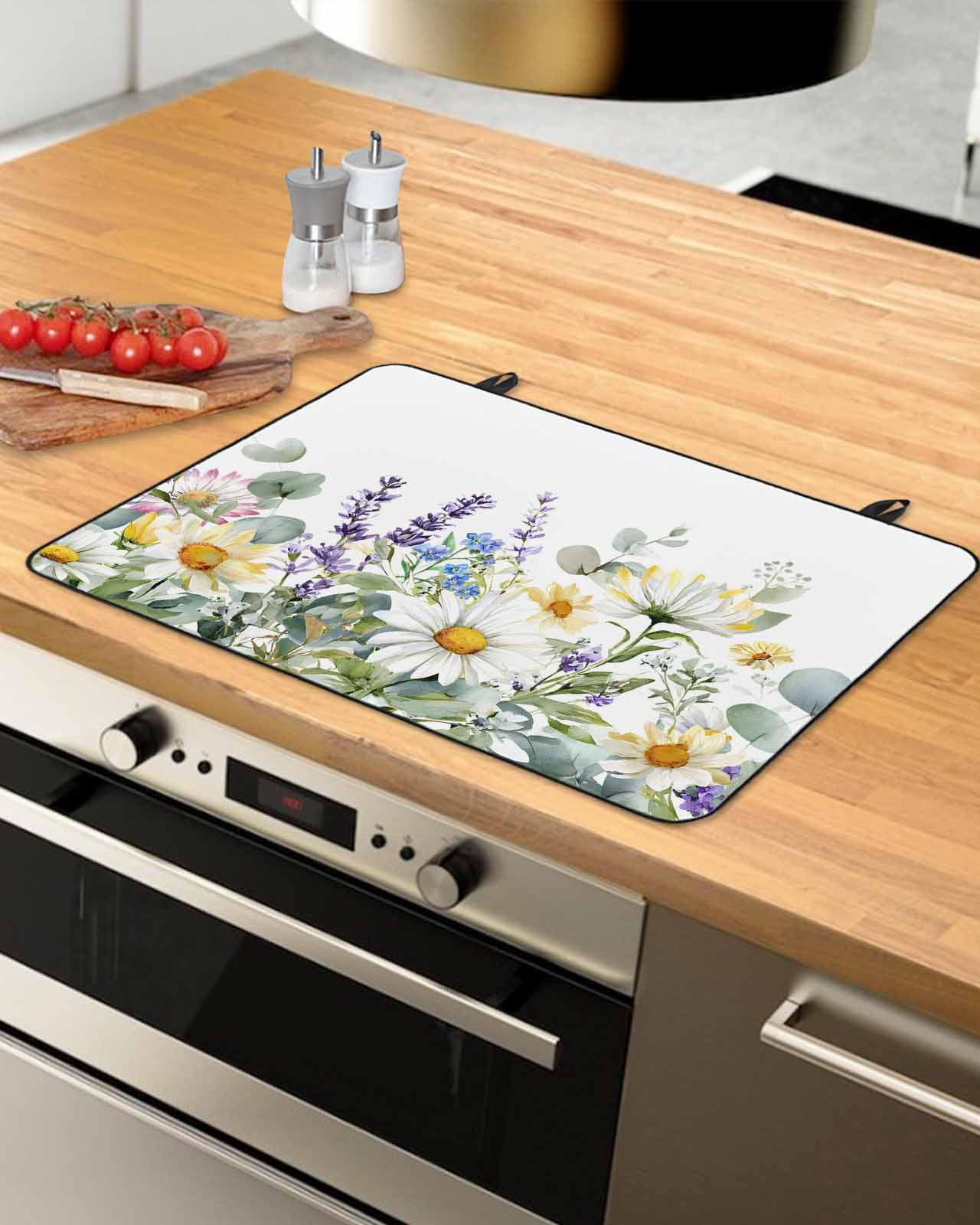 Large Induction Cooktop Protector Mat Spring Daisy Stove Top Covers for Electric Stove, Country Botanicala Flowers Eucalyptus Trees Decorative Stove Burner Cover Mats, Glass Top Stove Cover