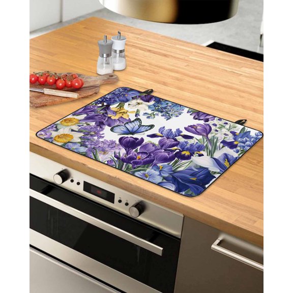 Large Induction Cooktop Protector Mat Spring Floral Stove Top Covers for Electric Stove, Purple Tulips Hydrangeas Butterflies Flowers Decorative Stove Burner Cover Mats, Glass Top Stove Cover