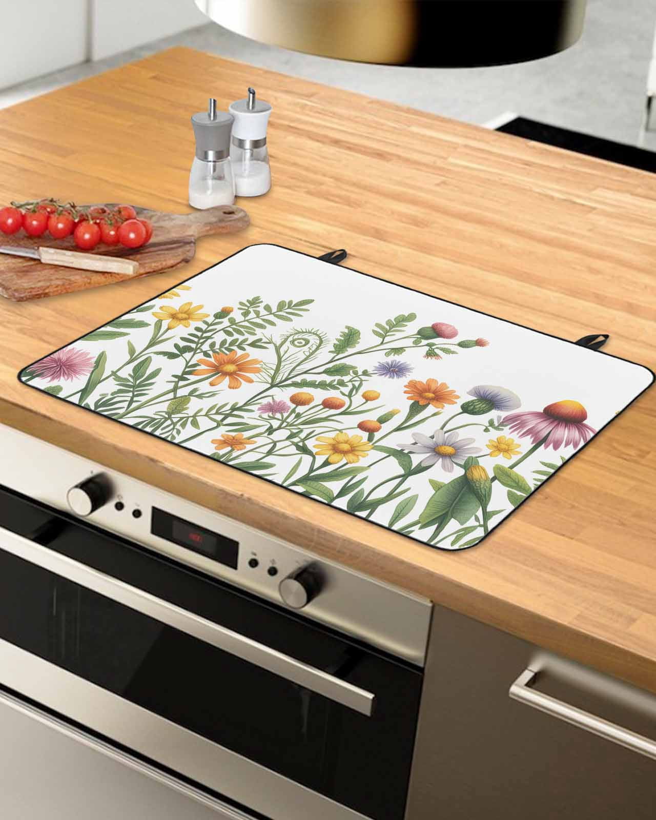 Large Induction Cooktop Protector Mat Spring Floral Stove Top Covers for Electric Stove, Yellow Flowers Pastoral Botanical Watercolor Decorative Stove Burner Cover Mats, Glass Top Stove Cover