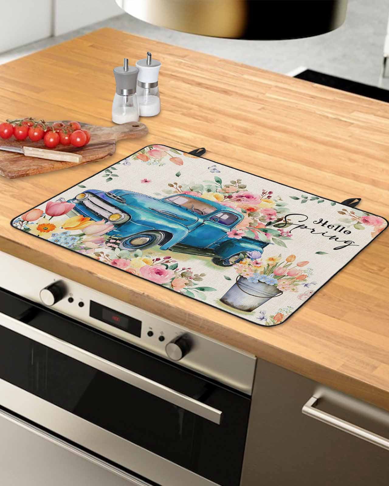 Large Induction Cooktop Protector Mat Spring Flowers Stove Top Covers for Electric Stove, Country Truck Pink Floral Retro Botanical Decorative Stove Burner Cover Mats, Glass Top Stove Cover