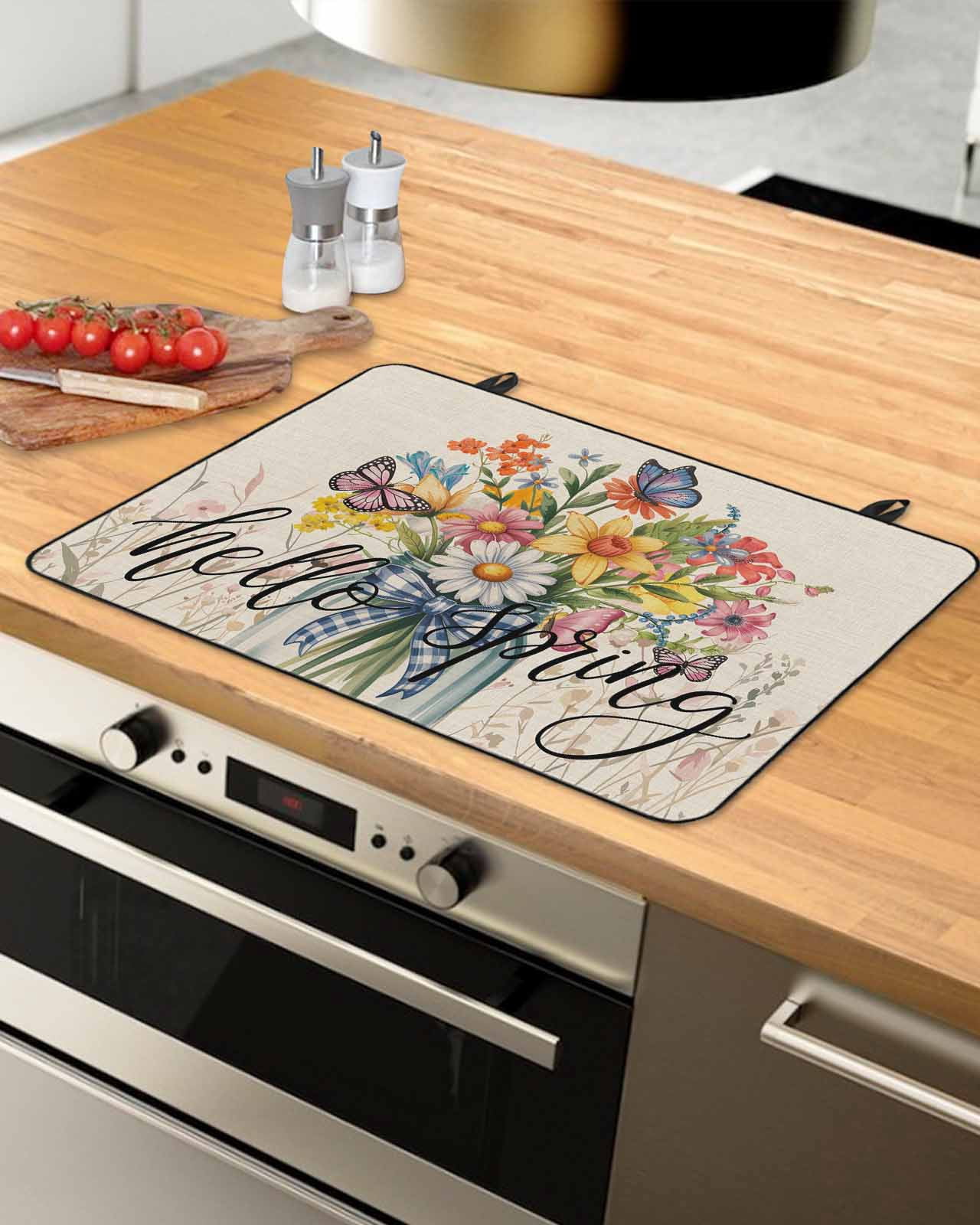 Large Induction Cooktop Protector Mat Spring Flowers Stove Top Covers for Electric Stove, Vintage Farmhouse Botanical Wildflowers Decorative Stove Burner Cover Mats, Glass Top Stove Cover