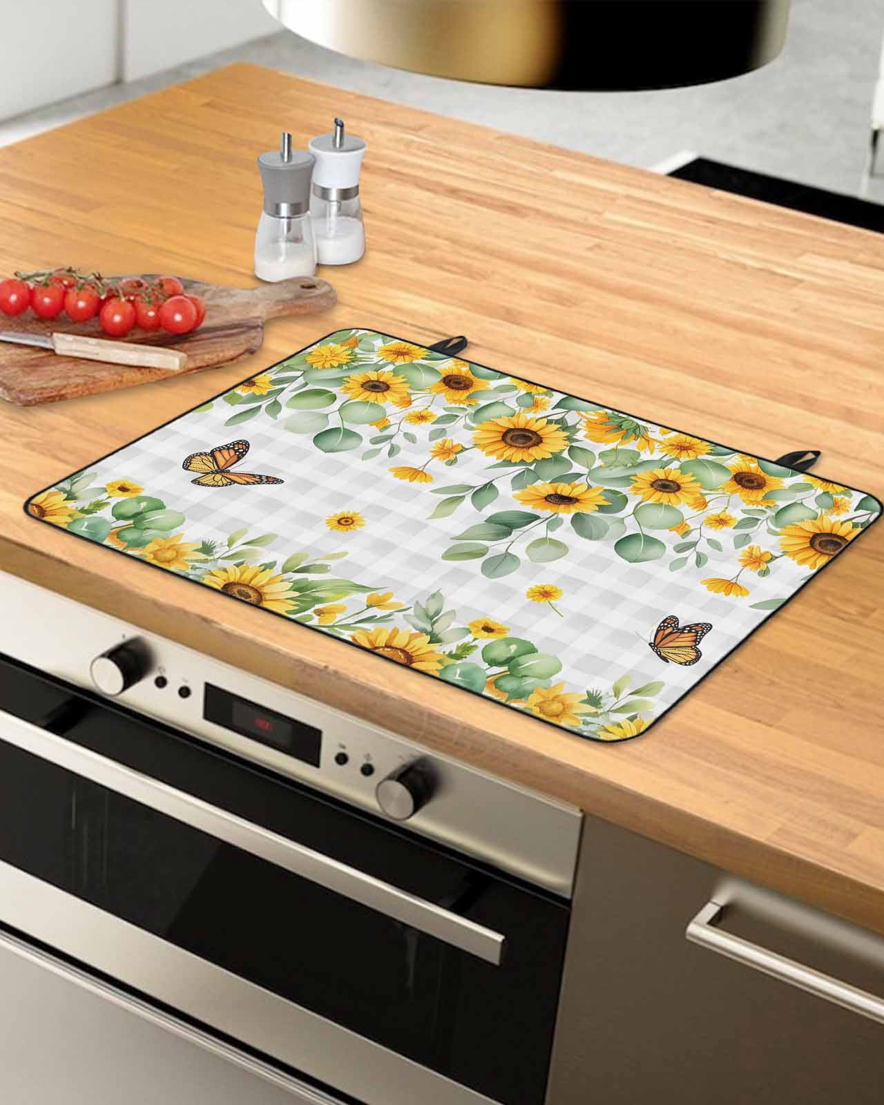 Large Induction Cooktop Protector Mat Spring Sunflowers Stove Top Covers for Electric Stove, Eucalyptus Leaves Butterfly Flowers Plaid Decorative Stove Burner Cover Mats, Glass Top Stove Cover