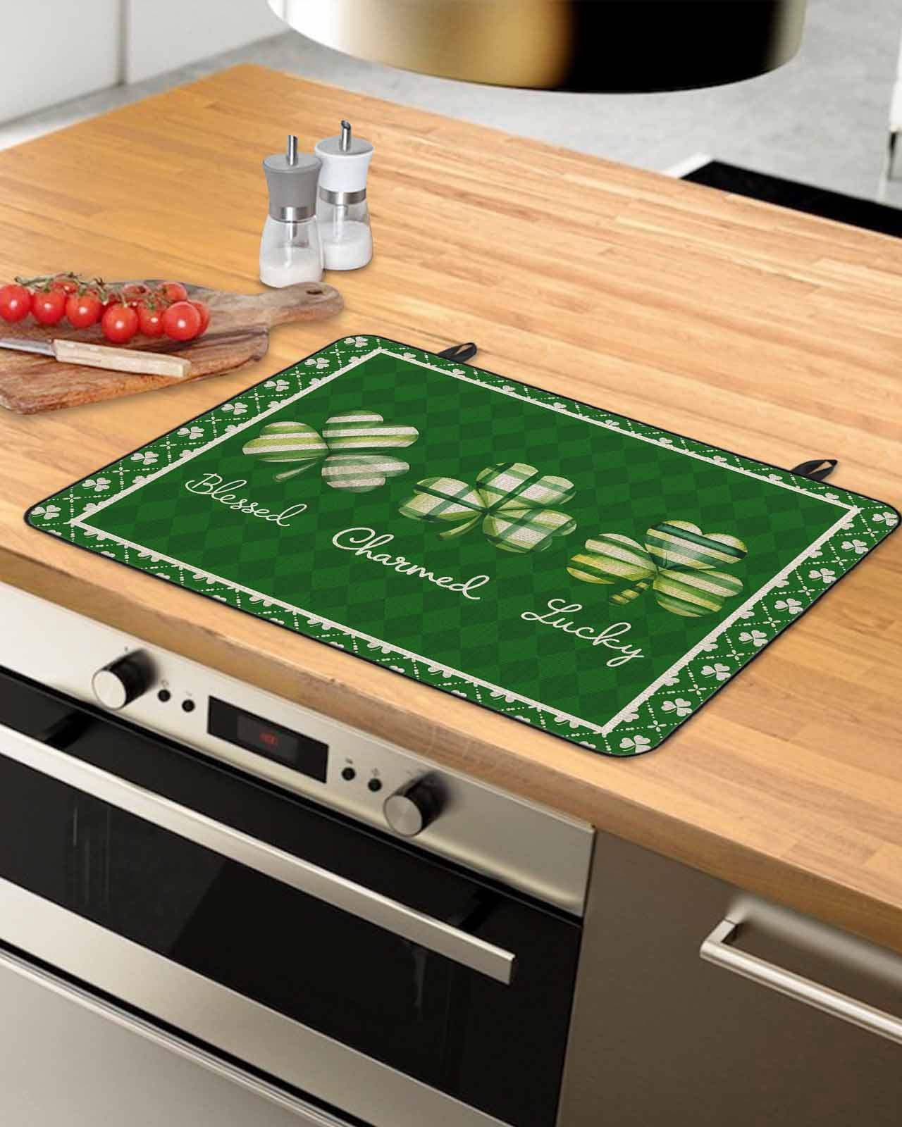 Large Induction Cooktop Protector Mat St.Patrick's Day Shamrock Stove Top Covers for Electric Stove, Green Lucky Leaf Farm Plaid Decorative Stove Burner Cover Mats, Glass Top Stove Cover