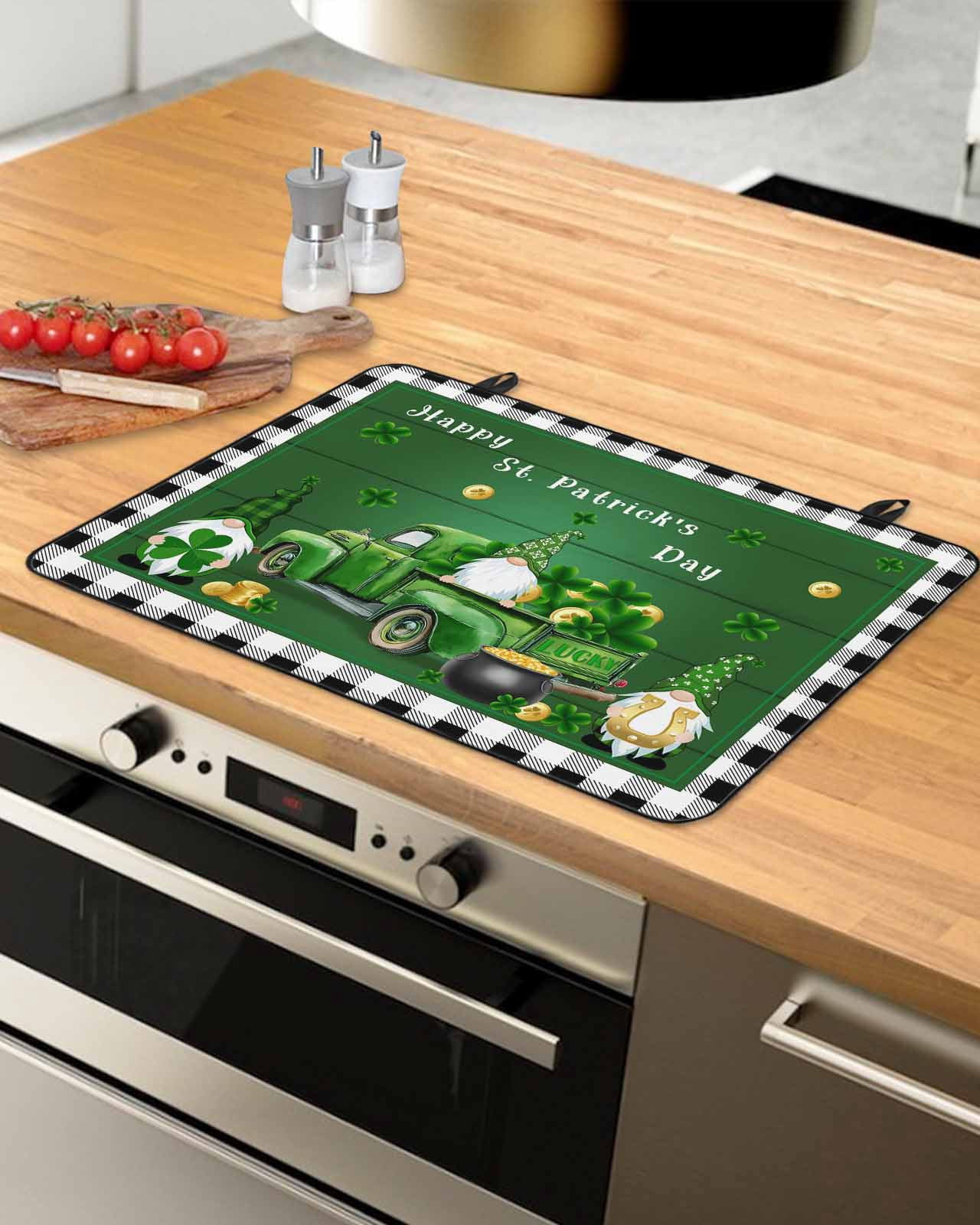 Large Induction Cooktop Protector Mat St. Patrick's Day Stove Top Covers for Electric Stove, Green Gnomes Shamrocks Truck Gold Coin Decorative Stove Burner Cover Mats, Glass Top Stove Cover