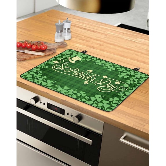 Large Induction Cooktop Protector Mat St Patrick's Day Stove Top Covers for Electric Stove, Green Shamrocks Farmhouse Checked Rustic Decorative Stove Burner Cover Mats, Glass Top Stove Cover
