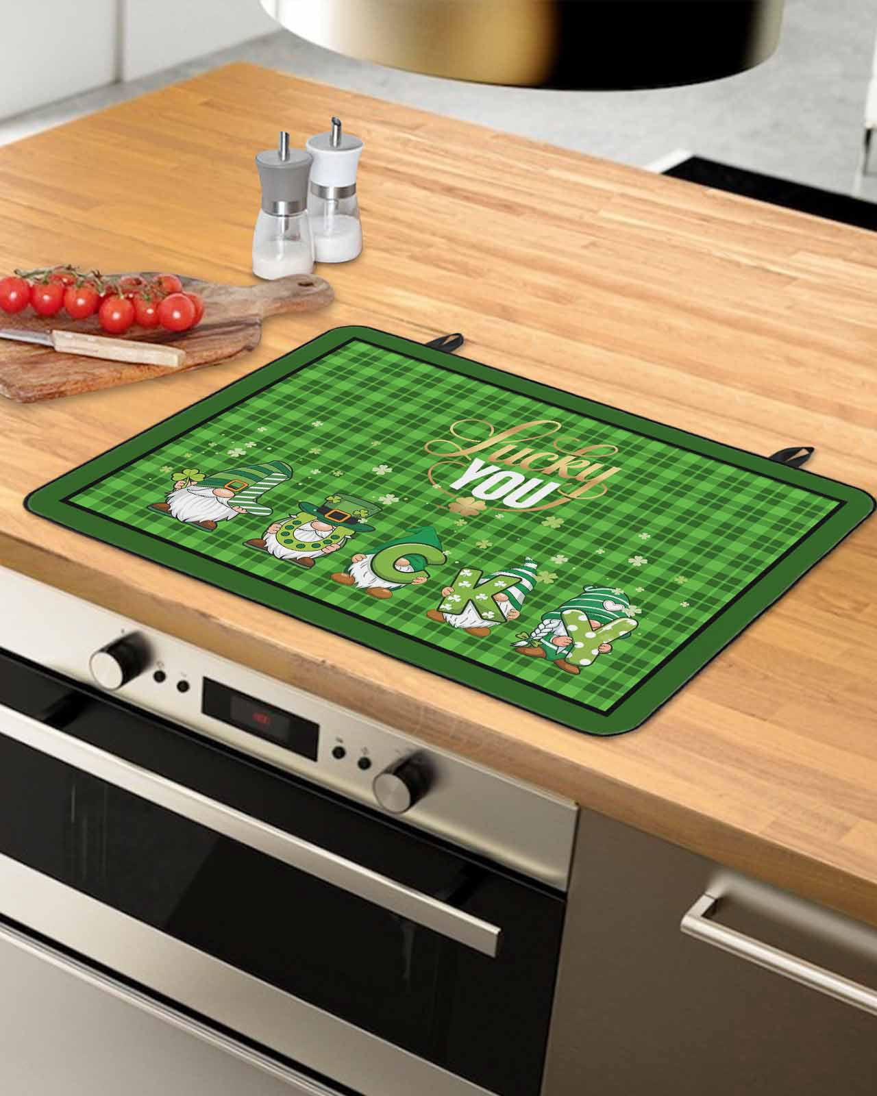 Large Induction Cooktop Protector Mat St. Patrick's Day Stove Top Covers for Electric Stove, Lucky Gnomes Shamrock Green Plaid Decorative Stove Burner Cover Mats, Glass Top Stove Cover