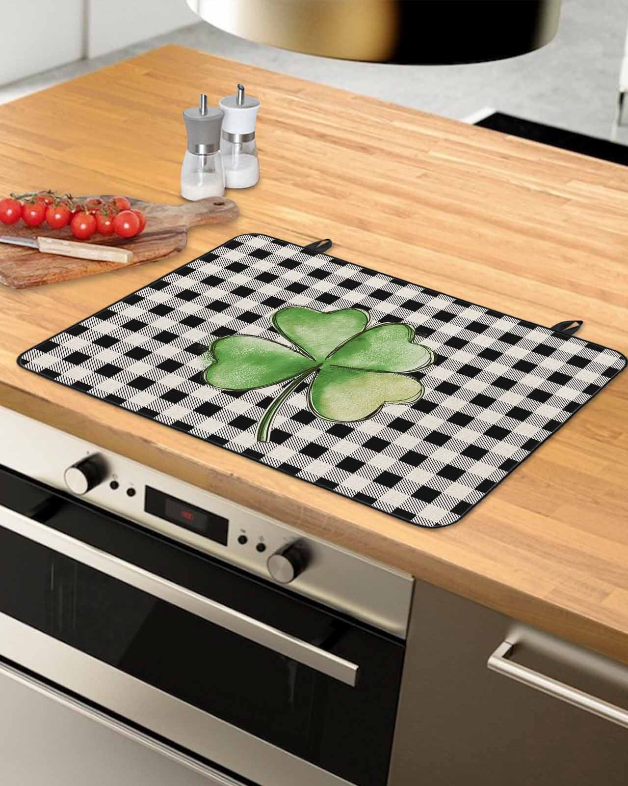 Large Induction Cooktop Protector Mat St. Patrick's Day Stove Top Covers for Electric Stove, Shamrock Leaves Black White Plaid Retro Decorative Stove Burner Cover Mats, Glass Top Stove Cover