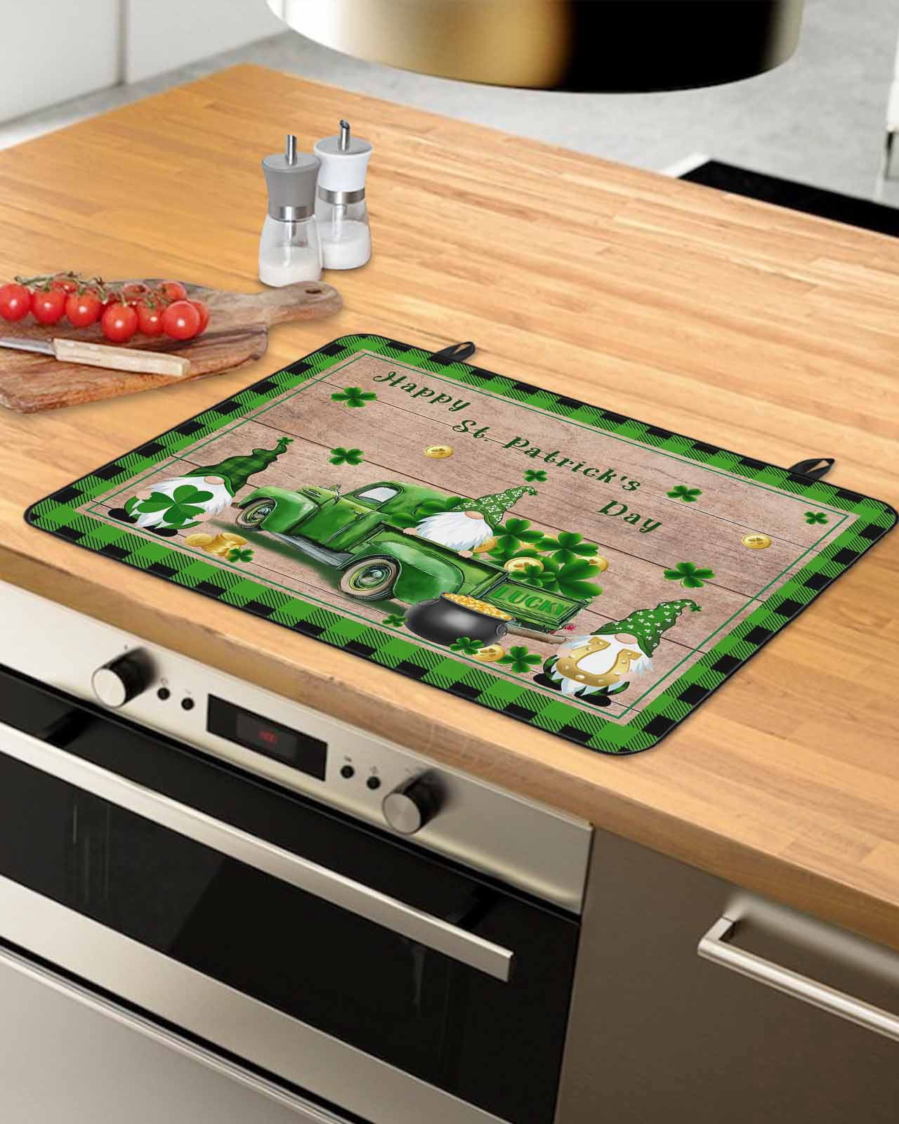 Large Induction Cooktop Protector Mat St. Patrick's Day Stove Top Covers for Electric Stove, Shamrocks Gnomes Truck Rustic Wood Decorative Stove Burner Cover Mats, Glass Top Stove Cover