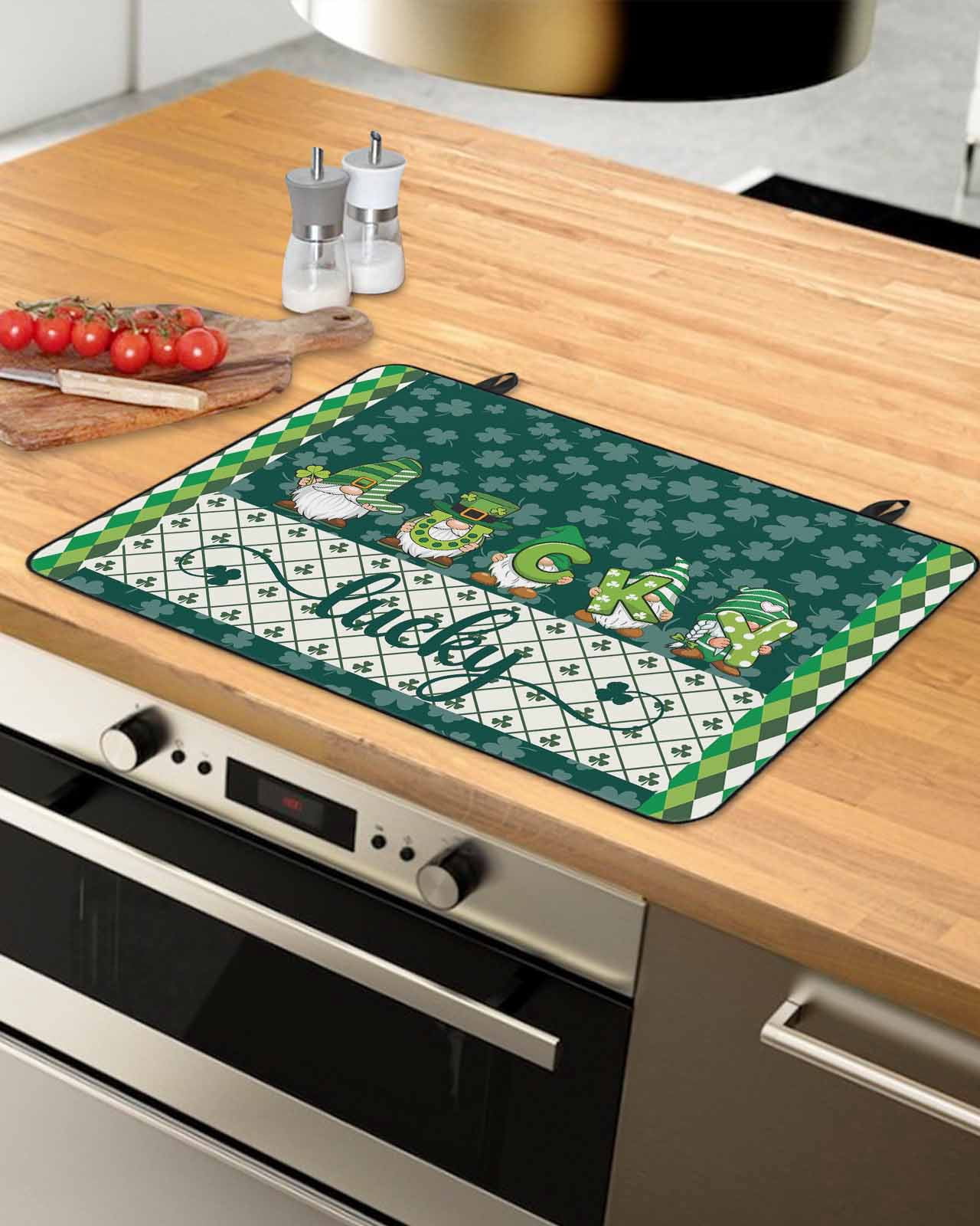 Large Induction Cooktop Protector Mat St. Patrick's Day Stove Top Covers for Electric Stove, Spring Green Lucky Shamrock Gnomes Plaid Decorative Stove Burner Cover Mats, Glass Top Stove Cover