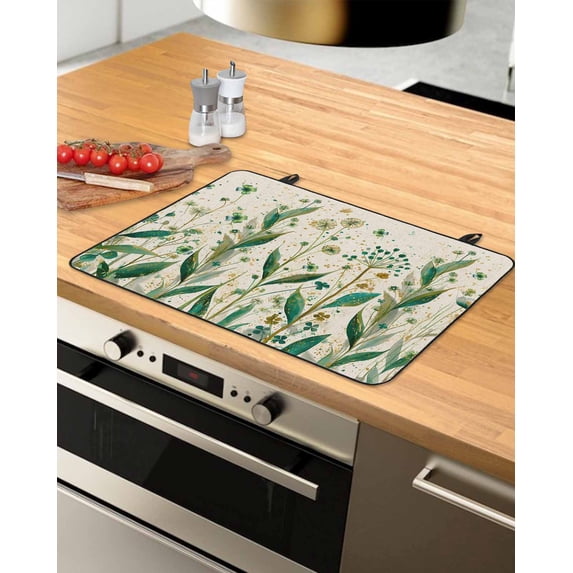 Large Induction Cooktop Protector Mat St Patrick's Day Stove Top Covers for Electric Stove, Spring Leaves Green Flowers Plants Beige Decorative Stove Burner Cover Mats, Glass Top Stove Cover