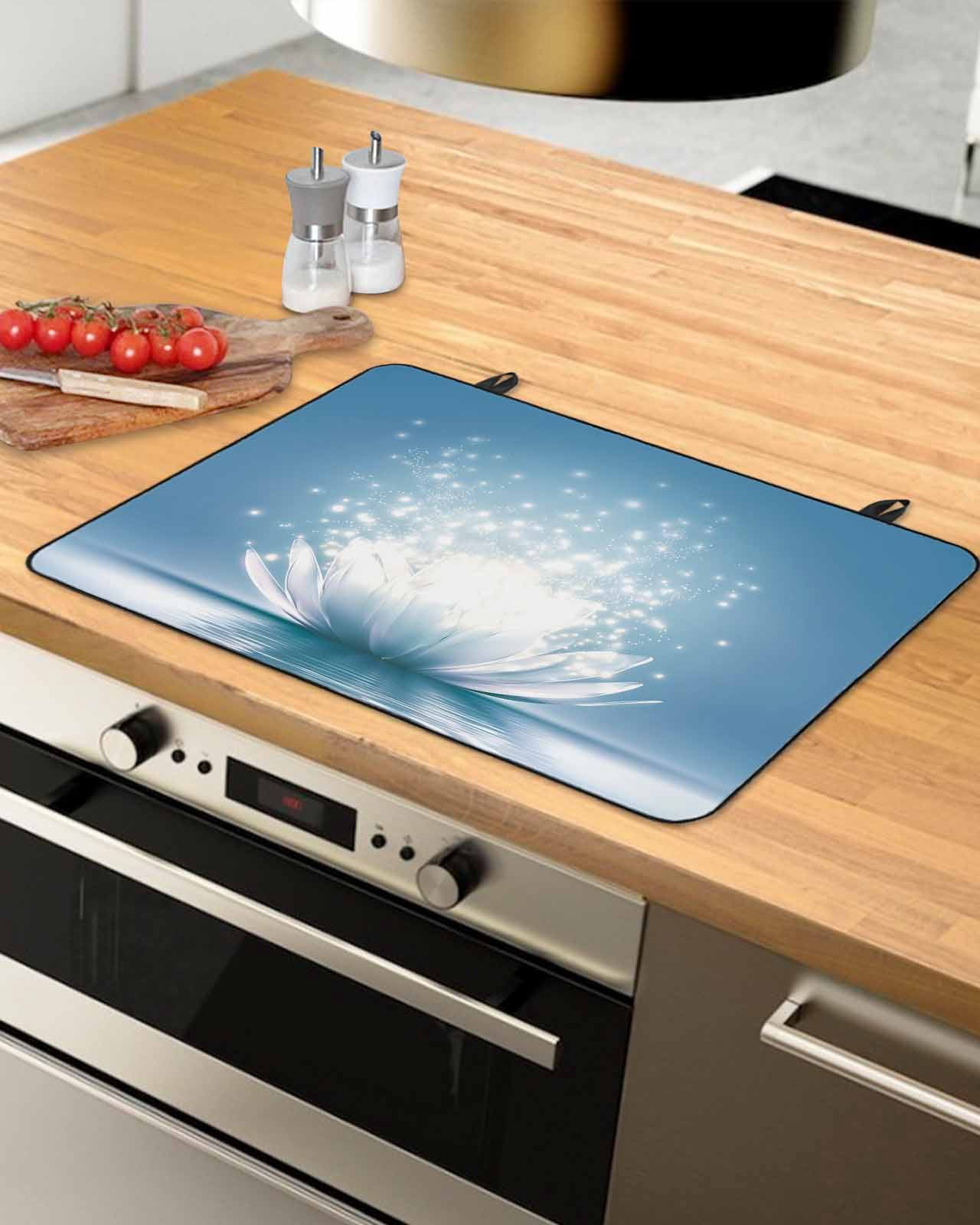 Large Induction Cooktop Protector Mat Summer Stove Top Covers for Electric Stove, Modern Blue Lake Sparkle White Flowers Lotus Decorative Stove Burner Cover Mats, Glass Top Stove Cover