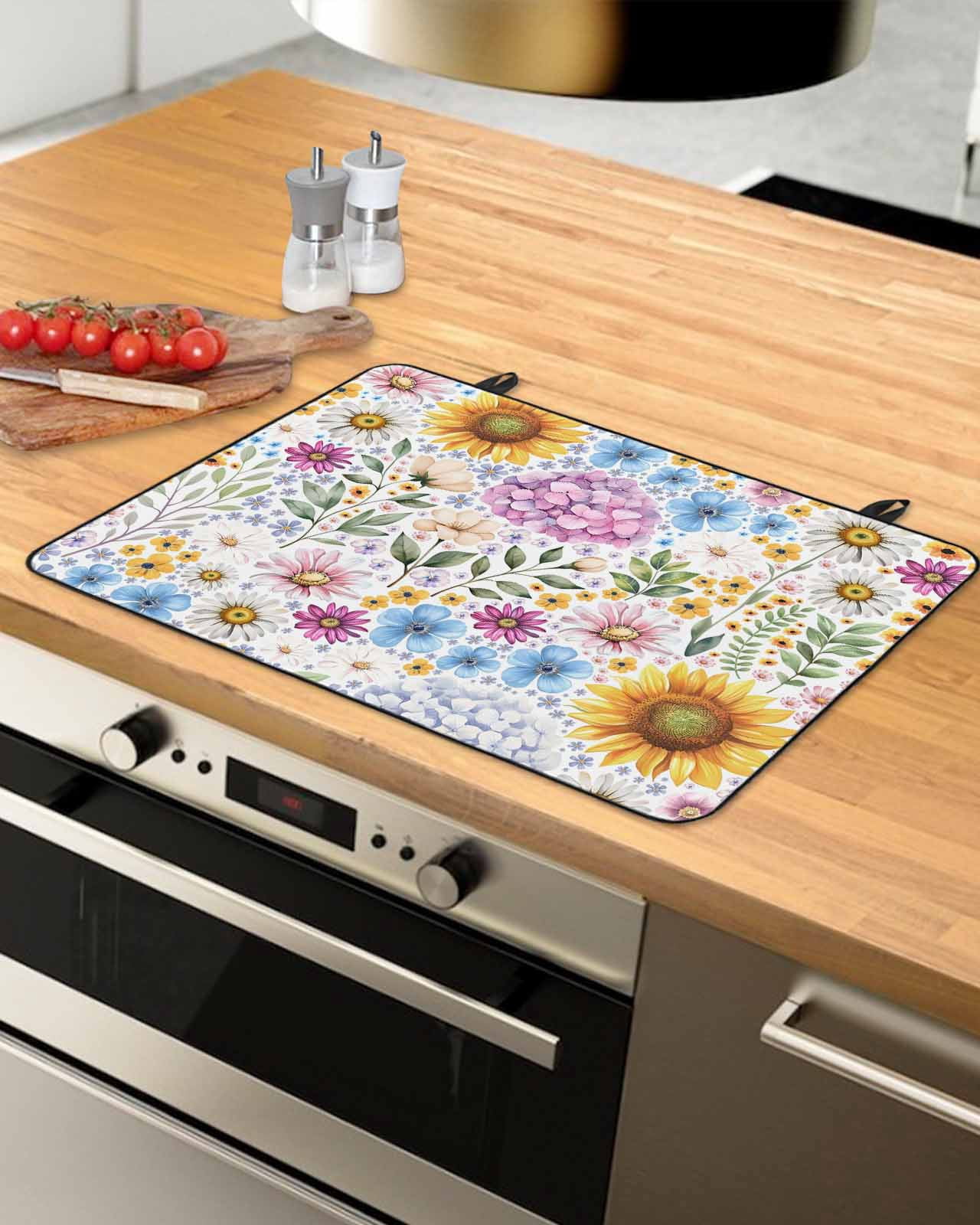 Large Induction Cooktop Protector Mat Sunflower Stove Top Covers for Electric Stove, Colorful Flowers Summer Botanical Watercolor Decorative Stove Burner Cover Mats, Glass Top Stove Cover