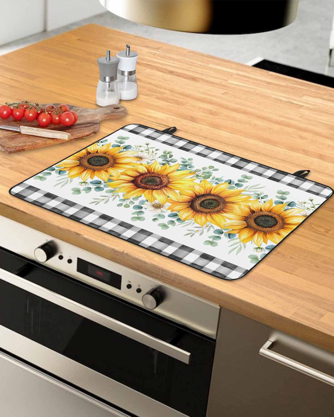 Large Induction Cooktop Protector Mat Sunflower Stove Top Covers for Electric Stove, Yellow Floral Black Plaid Eucalyptus Leaves Decorative Stove Burner Cover Mats, Glass Top Stove Cover