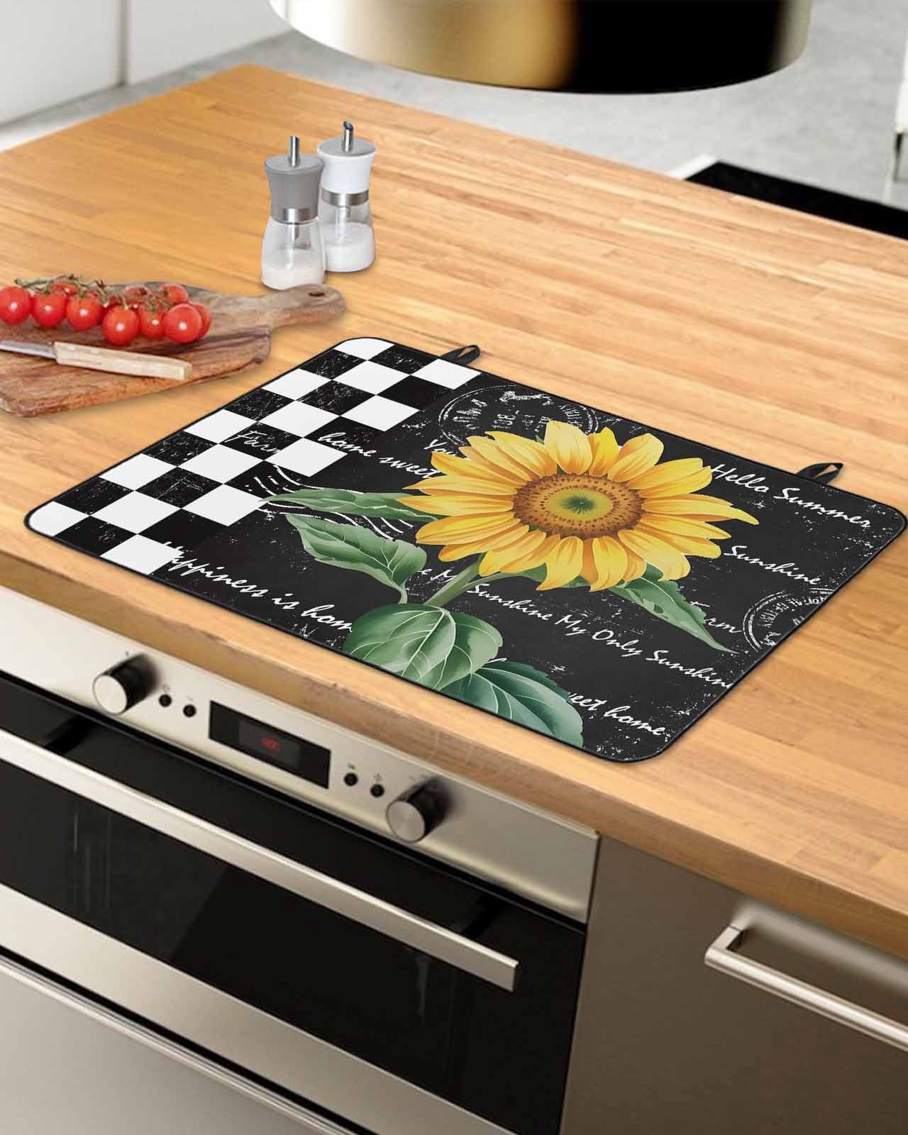 Large Induction Cooktop Protector Mat Sunflower Stove Top Covers for Electric Stove, Yellow Floral Black White Plaid Watercolor Decorative Stove Burner Cover Mats, Glass Top Stove Cover