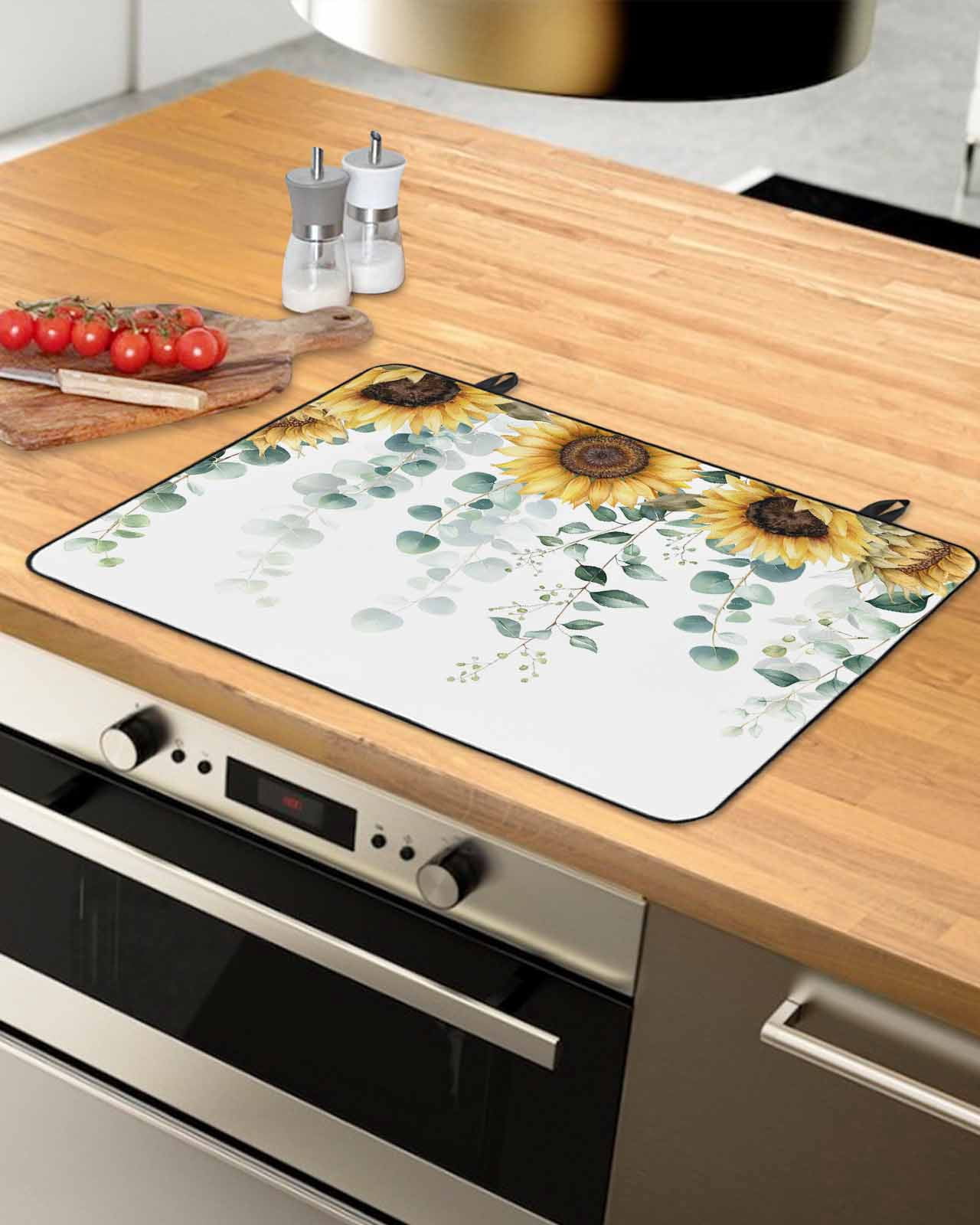 Large Induction Cooktop Protector Mat Sunflower Stove Top Covers for Electric Stove, Yellow Floral Eucalyptus Leaves Watercolor Decorative Stove Burner Cover Mats, Glass Top Stove Cover