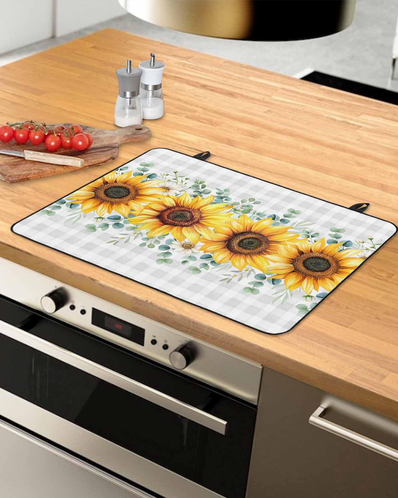 Large Induction Cooktop Protector Mat Sunflower Stove Top Covers for Electric Stove, Yellow Floral Grey Plaid Eucalyptus Leaves Decorative Stove Burner Cover Mats, Glass Top Stove Cover