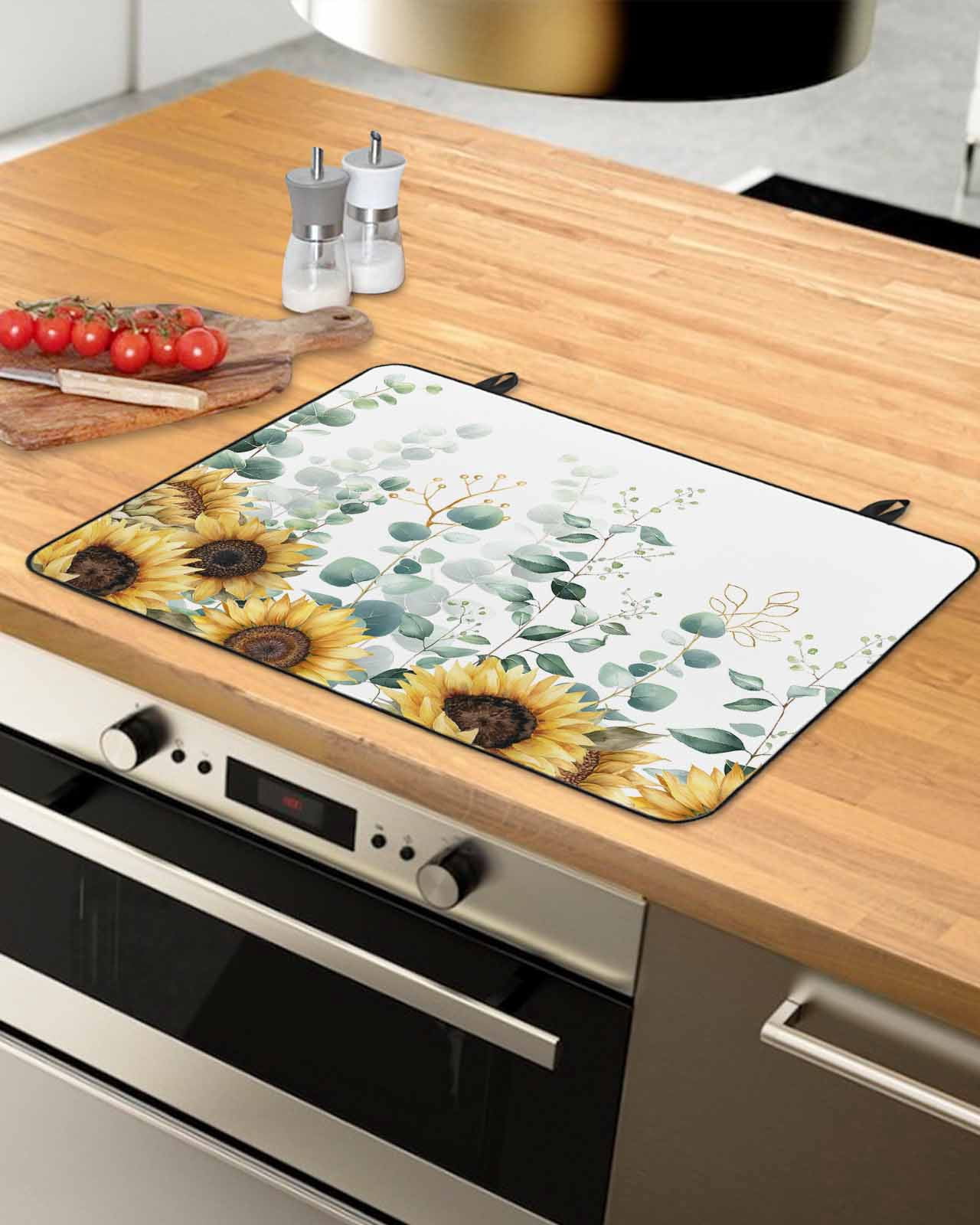 Large Induction Cooktop Protector Mat Sunflower Stove Top Covers for Electric Stove, Yellow Floral Pastoral Botanical Leaves Decorative Stove Burner Cover Mats, Glass Top Stove Cover