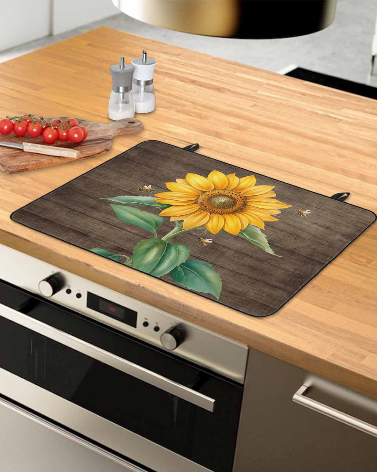 Large Induction Cooktop Protector Mat Sunflower Stove Top Covers for Electric Stove, Yellow Flowers Bees Wooden Pastoral Decorative Stove Burner Cover Mats, Glass Top Stove Cover