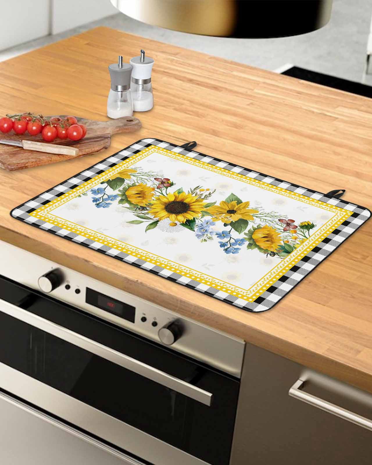 Large Induction Cooktop Protector Mat Sunflower Stove Top Covers for Electric Stove, Yellow Flowers Black White Plaid Farmhouse Botanical Decorative Stove Burner Cover Mats, Glass Top Stove Cover