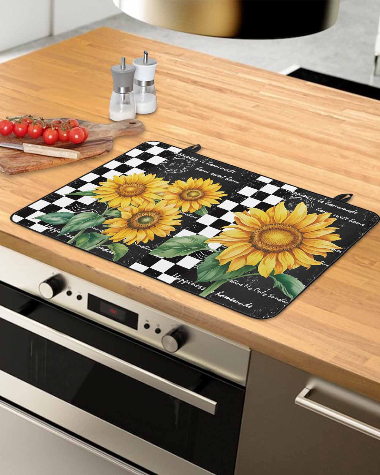 Large Induction Cooktop Protector Mat Sunflower Stove Top Covers for Electric Stove, Yellow Flowers Black White Plaid Retro Art Decorative Stove Burner Cover Mats, Glass Top Stove Cover