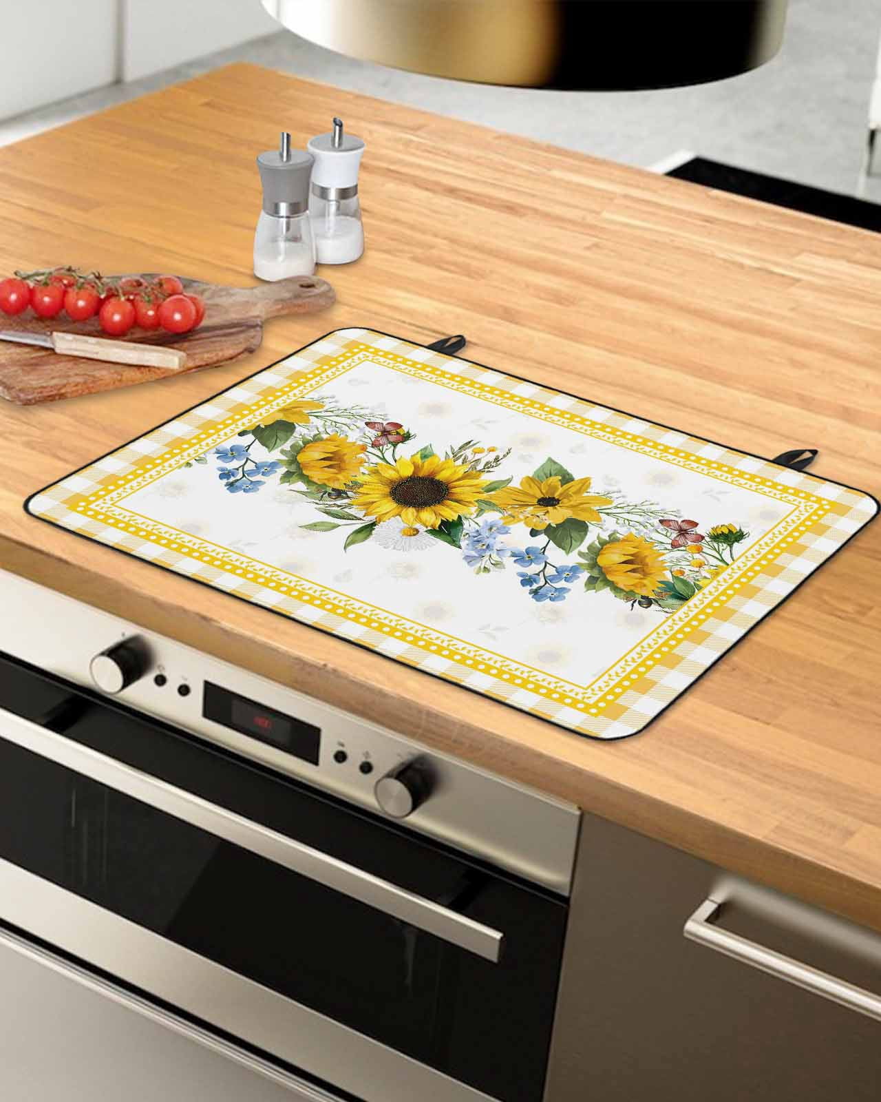 Large Induction Cooktop Protector Mat Sunflower Stove Top Covers for Electric Stove, Yellow Flowers Yellow Plaid Farmhouse Decorative Stove Burner Cover Mats, Glass Top Stove Cover