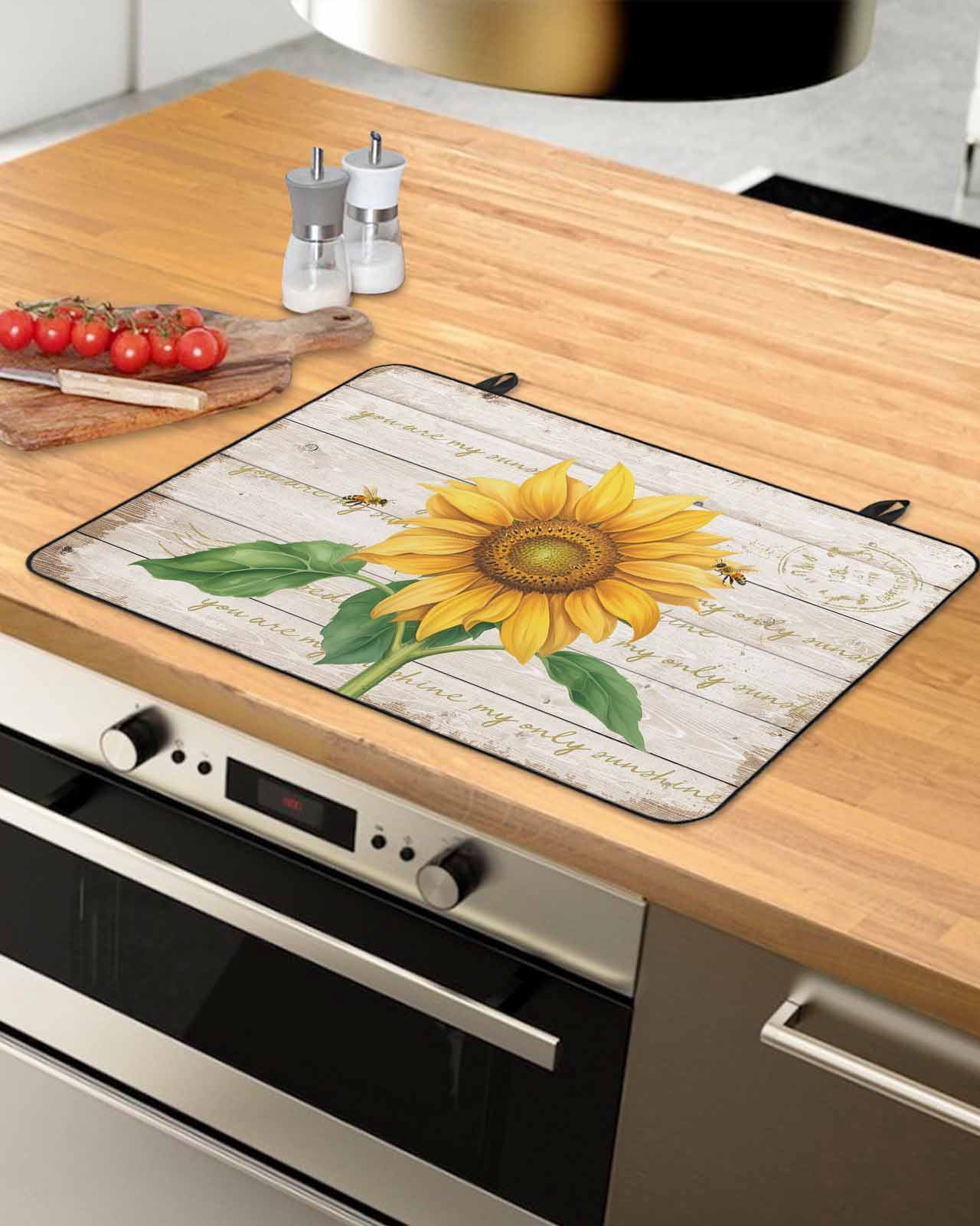 Large Induction Cooktop Protector Mat Sunflower Stove Top Covers for Electric Stove, Yellow Summer Botanical Bees Pastoral Wooden Decorative Stove Burner Cover Mats, Glass Top Stove Cover