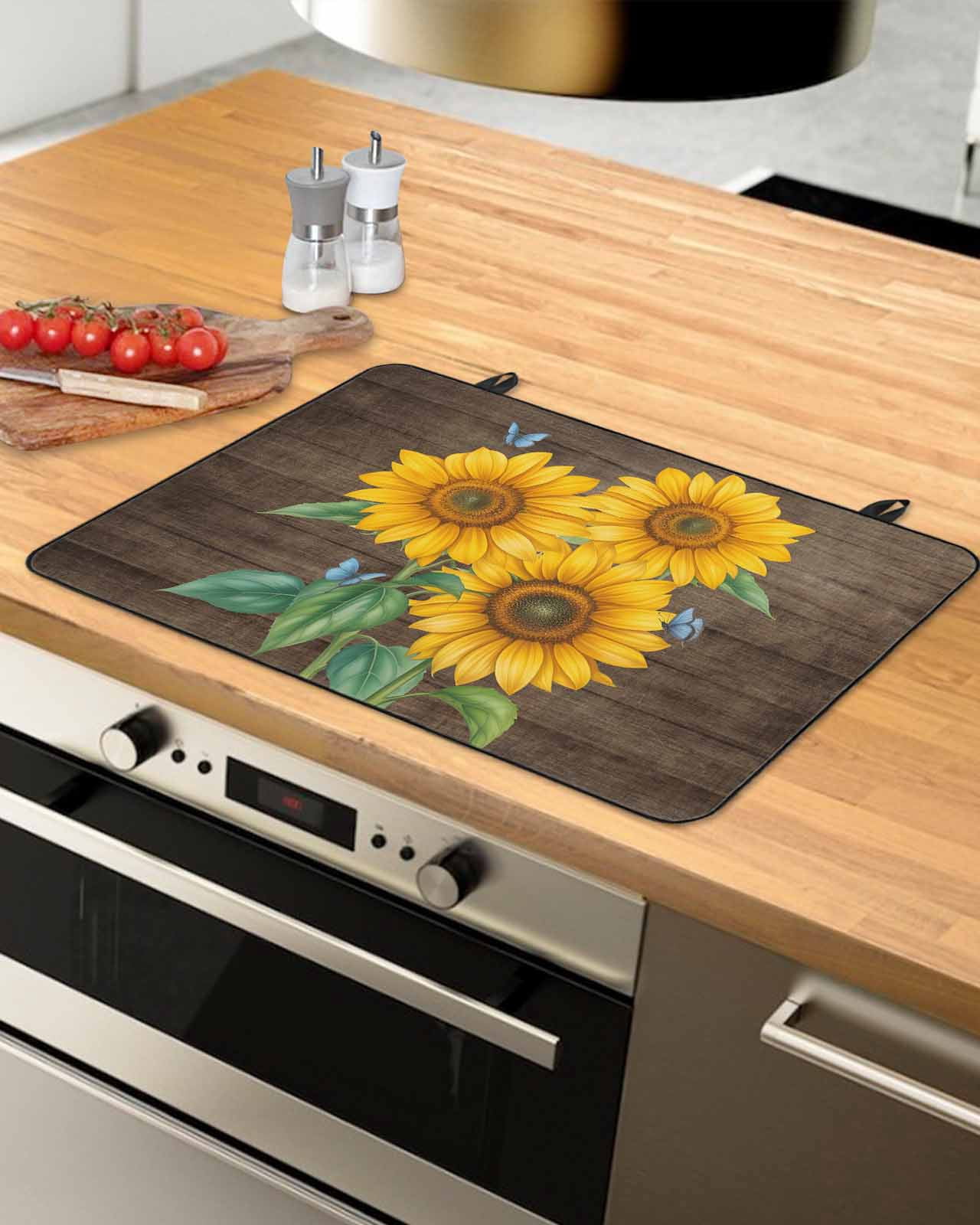 Large Induction Cooktop Protector Mat Sunflower Stove Top Covers for Electric Stove, Yellow Summer Botanical Butterfly Wooden Vintage Decorative Stove Burner Cover Mats, Glass Top Stove Cover