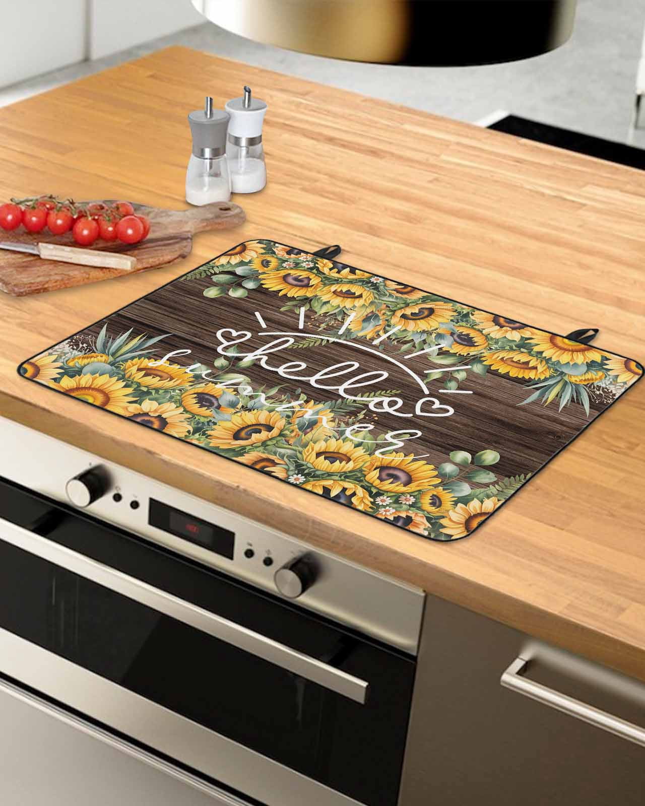 Large Induction Cooktop Protector Mat Sunflower Stove Top Covers for Electric Stove, Yellow Summer Botanical Flowers Wooden Decorative Stove Burner Cover Mats, Glass Top Stove Cover