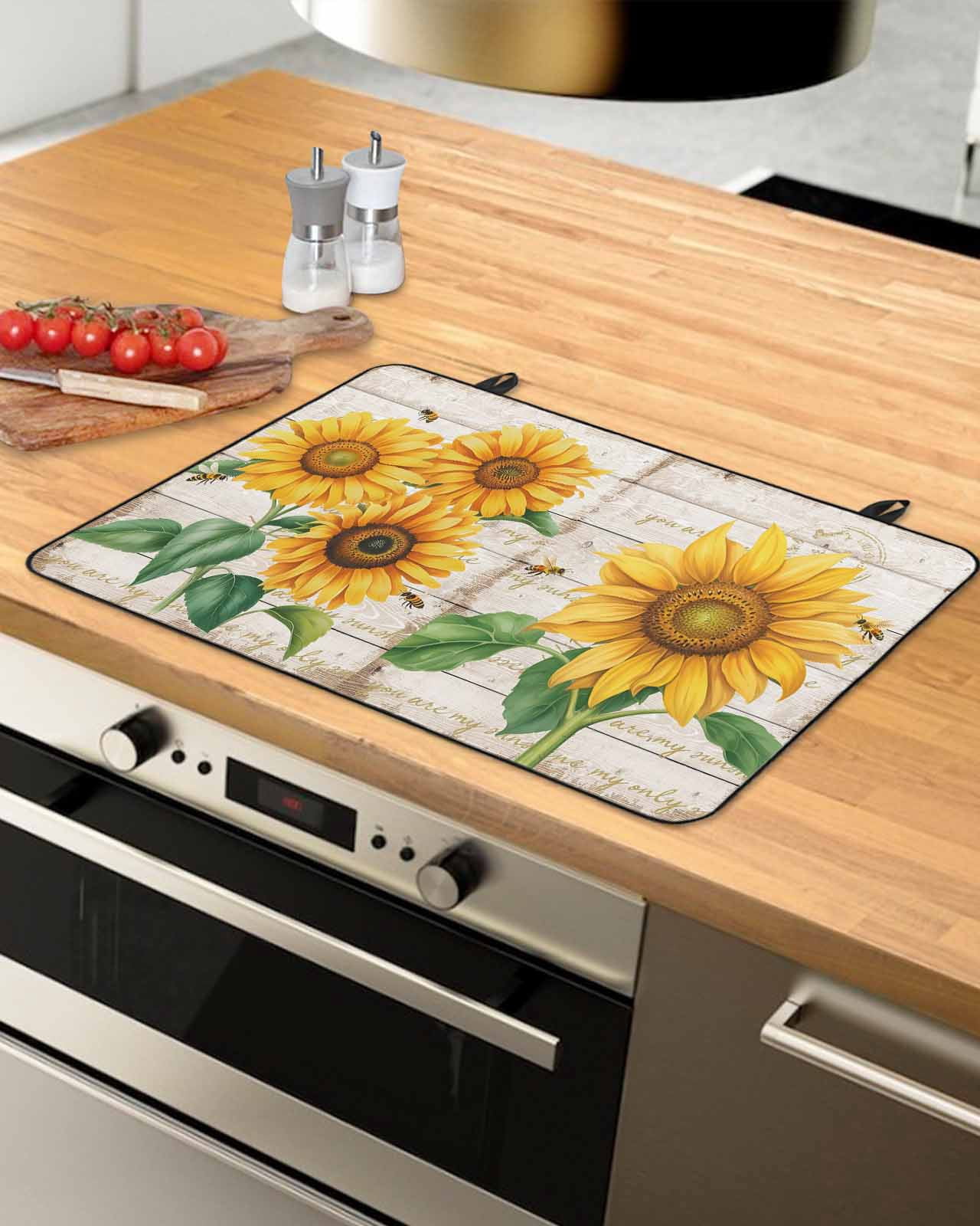 Large Induction Cooktop Protector Mat Sunflower Stove Top Covers for Electric Stove, Yellow Summer Botanical Vintage Decorative Stove Burner Cover Mats, Glass Top Stove Cover