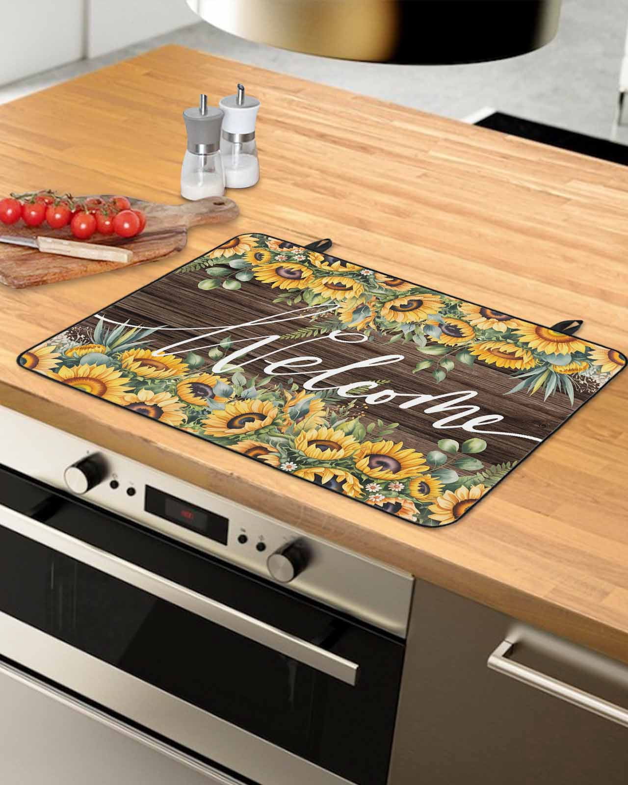 Large Induction Cooktop Protector Mat Sunflower Stove Top Covers for Electric Stove, Yellow Summer Botanical Wooden Farmhouse Decorative Stove Burner Cover Mats, Glass Top Stove Cover