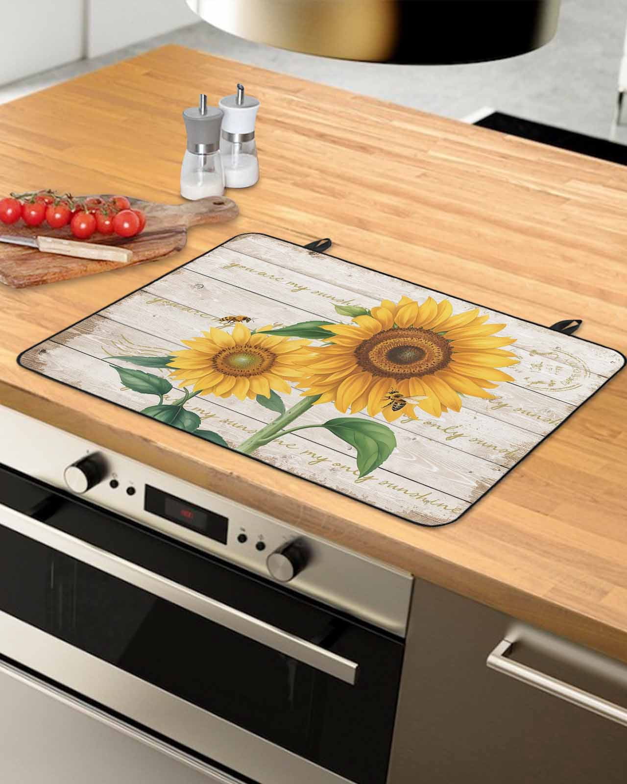 Large Induction Cooktop Protector Mat Sunflower Stove Top Covers for Electric Stove, Yellow Summer Flowers Bee Botanical Wooden Decorative Stove Burner Cover Mats, Glass Top Stove Cover
