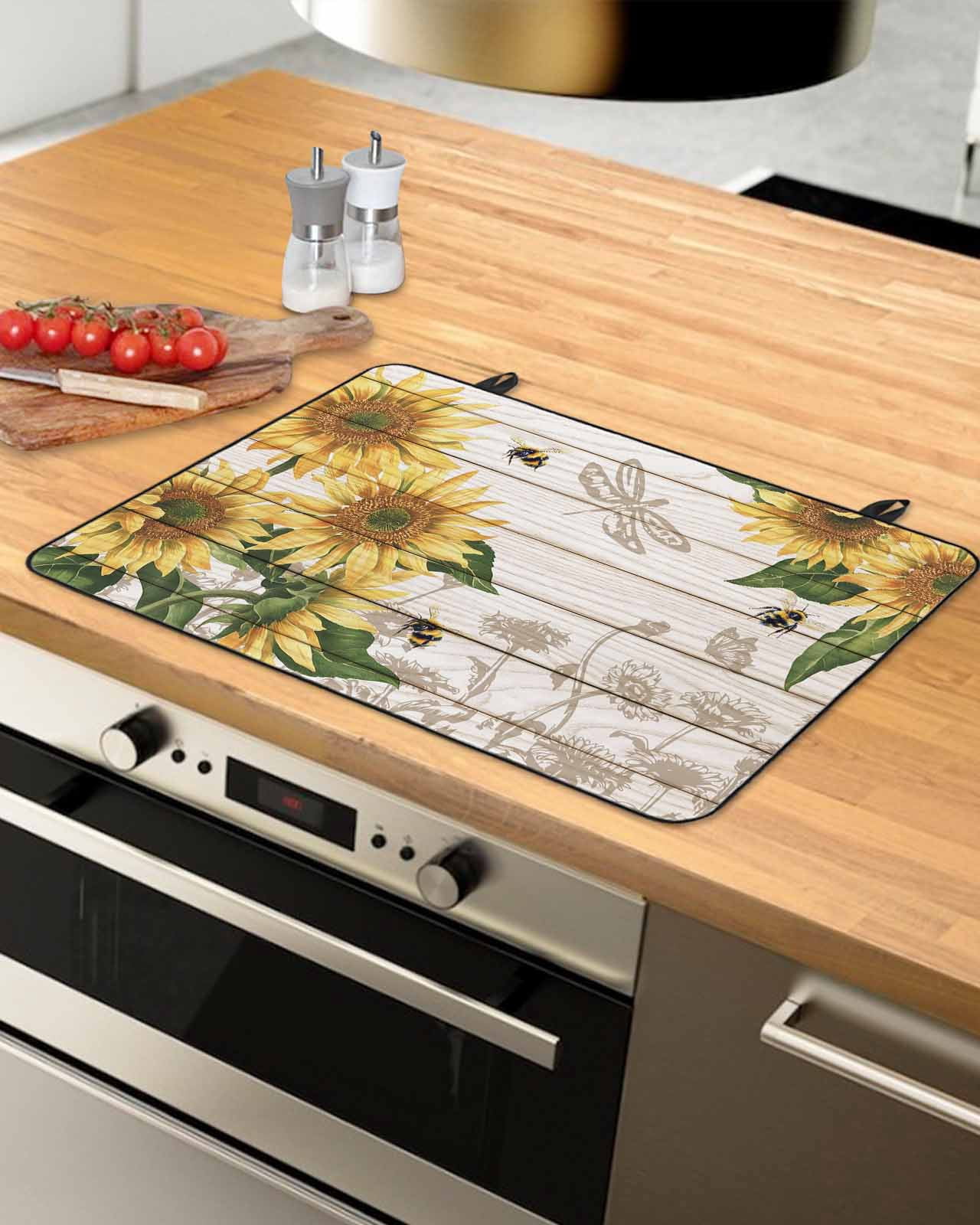 Large Induction Cooktop Protector Mat Sunflowers Stove Top Covers for Electric Stove, Farmhouse Botanical Flowers Bees Wooden Decorative Stove Burner Cover Mats, Glass Top Stove Cover