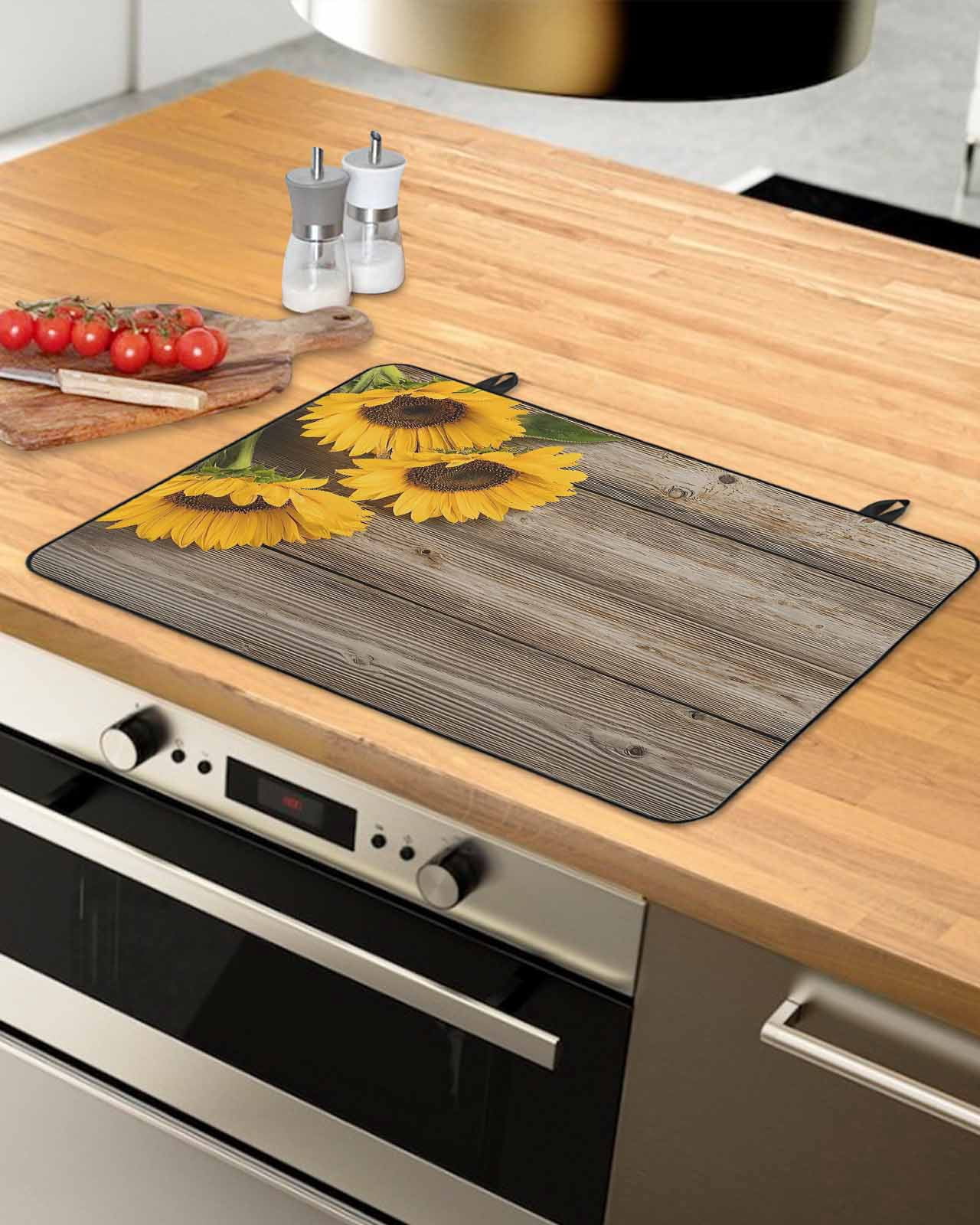 Large Induction Cooktop Protector Mat Sunflowers Stove Top Covers for Electric Stove, Farmhouse Country Floral Vintage Wooden Grain Decorative Stove Burner Cover Mats, Glass Top Stove Cover