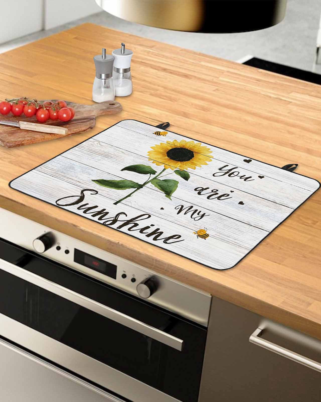Large Induction Cooktop Protector Mat Sunflowers Stove Top Covers for Electric Stove, Farmhouse Retro Pastoral Floral Wooden Grain Decorative Stove Burner Cover Mats, Glass Top Stove Cover