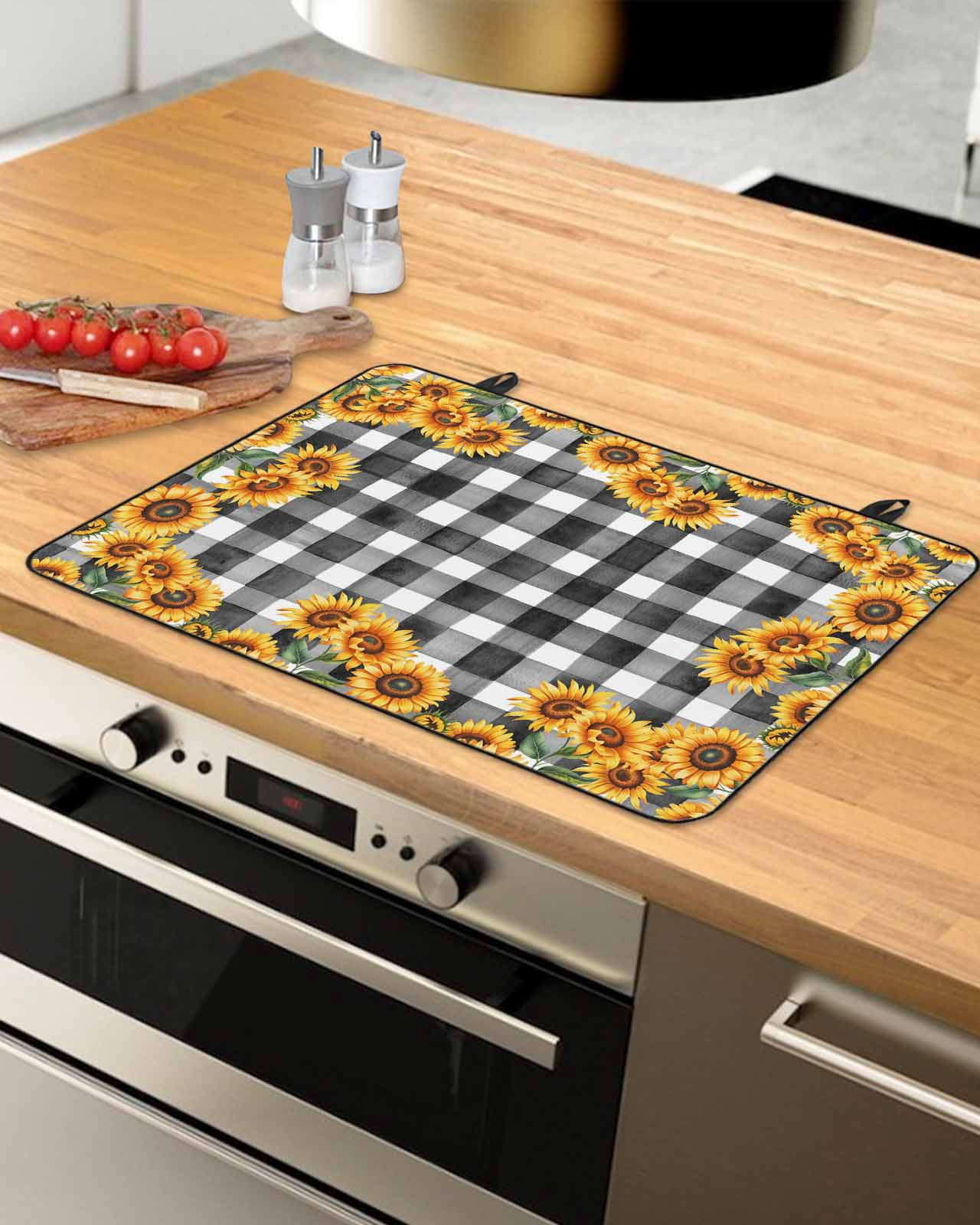 Large Induction Cooktop Protector Mat Sunflowers Stove Top Covers for Electric Stove, Farmhouse Summer Floral Black White Plaid Decorative Stove Burner Cover Mats, Glass Top Stove Cover