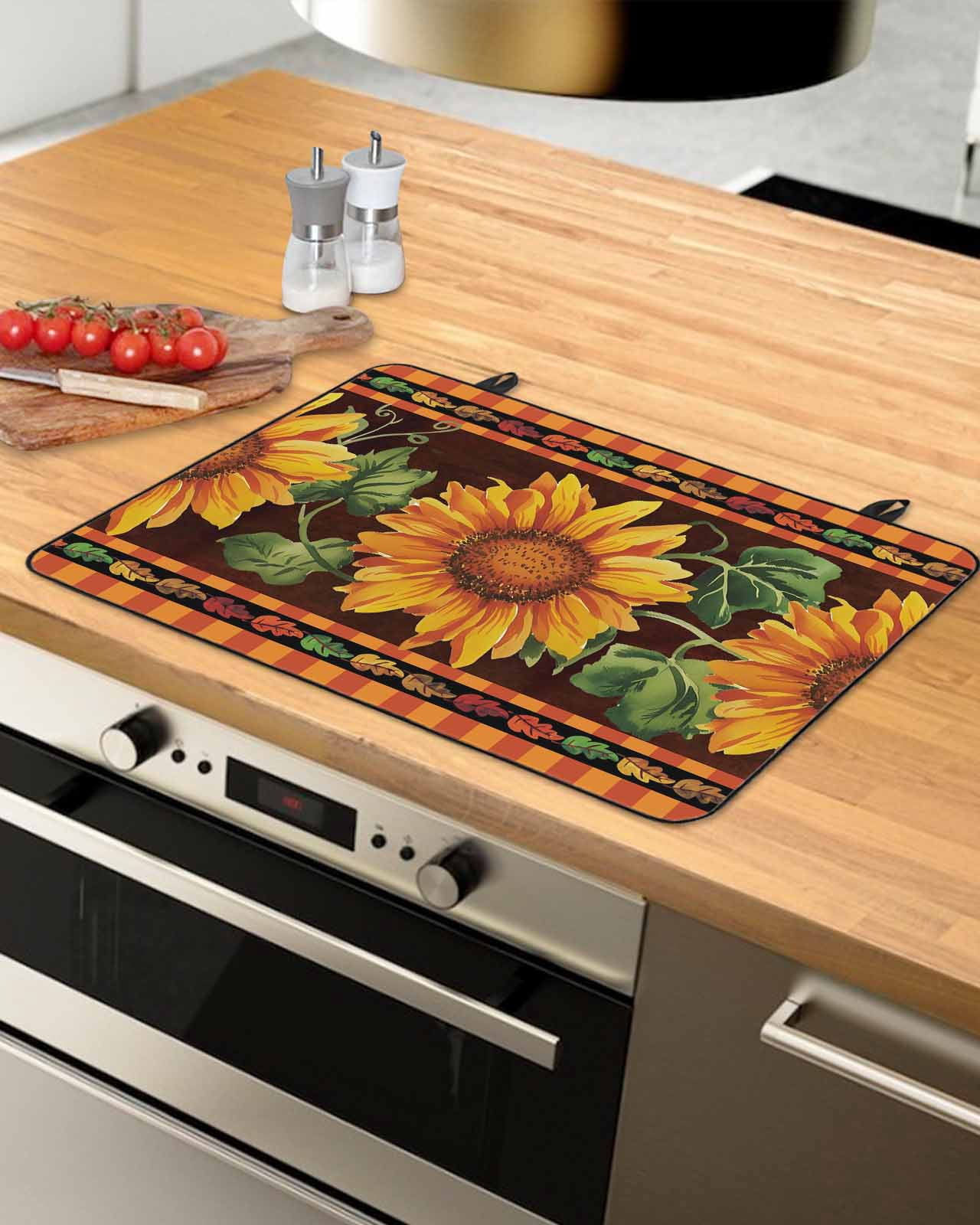 Large Induction Cooktop Protector Mat Sunflowers Stove Top Covers for Electric Stove, Farmhouse Vintage Flowers Leaves Orange Stripes Decorative Stove Burner Cover Mats, Glass Top Stove Cover