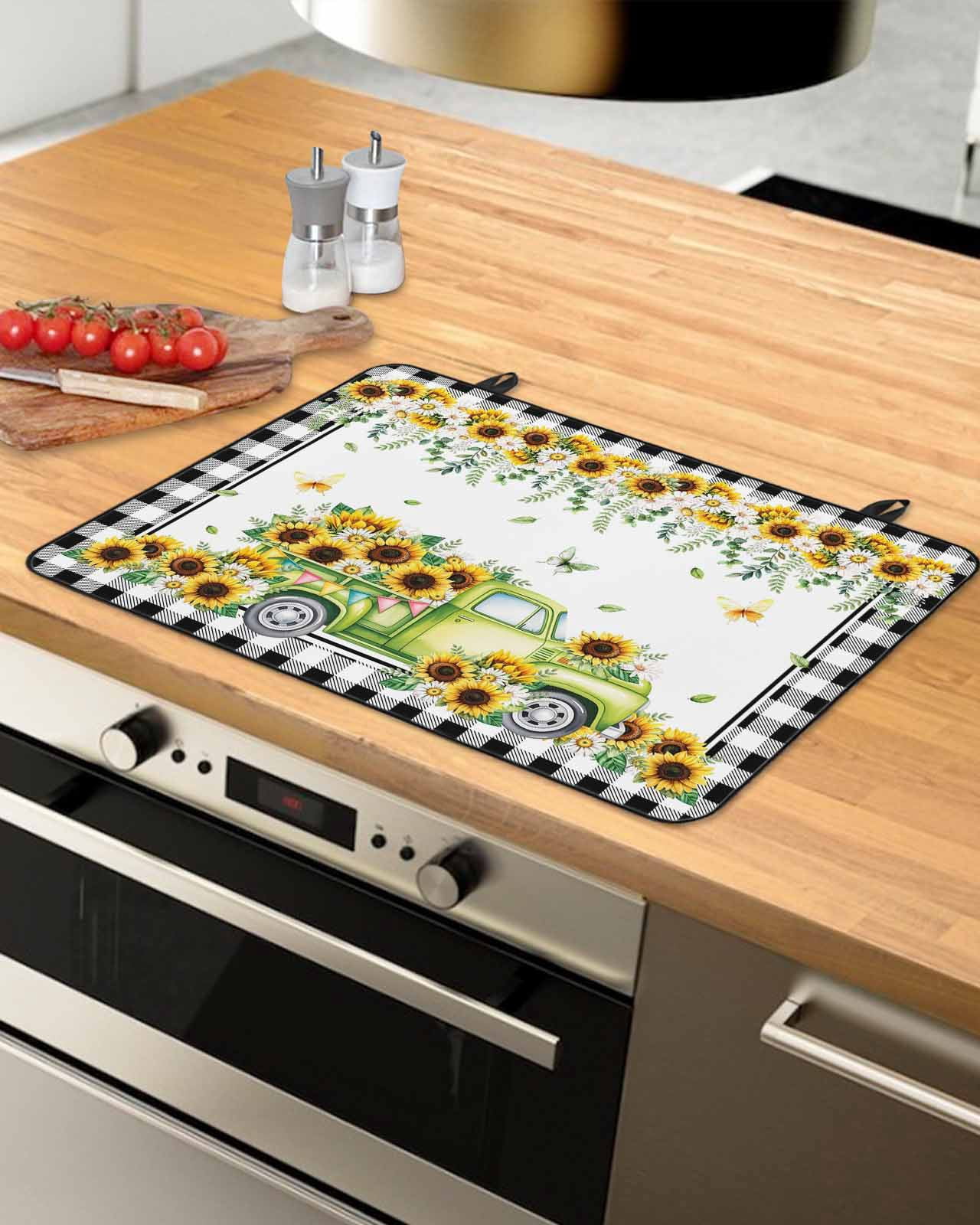 Large Induction Cooktop Protector Mat Sunflowers Stove Top Covers for Electric Stove, Spring Farmhouse Country Truck Floral Black Plaid Decorative Stove Burner Cover Mats, Glass Top Stove Cover