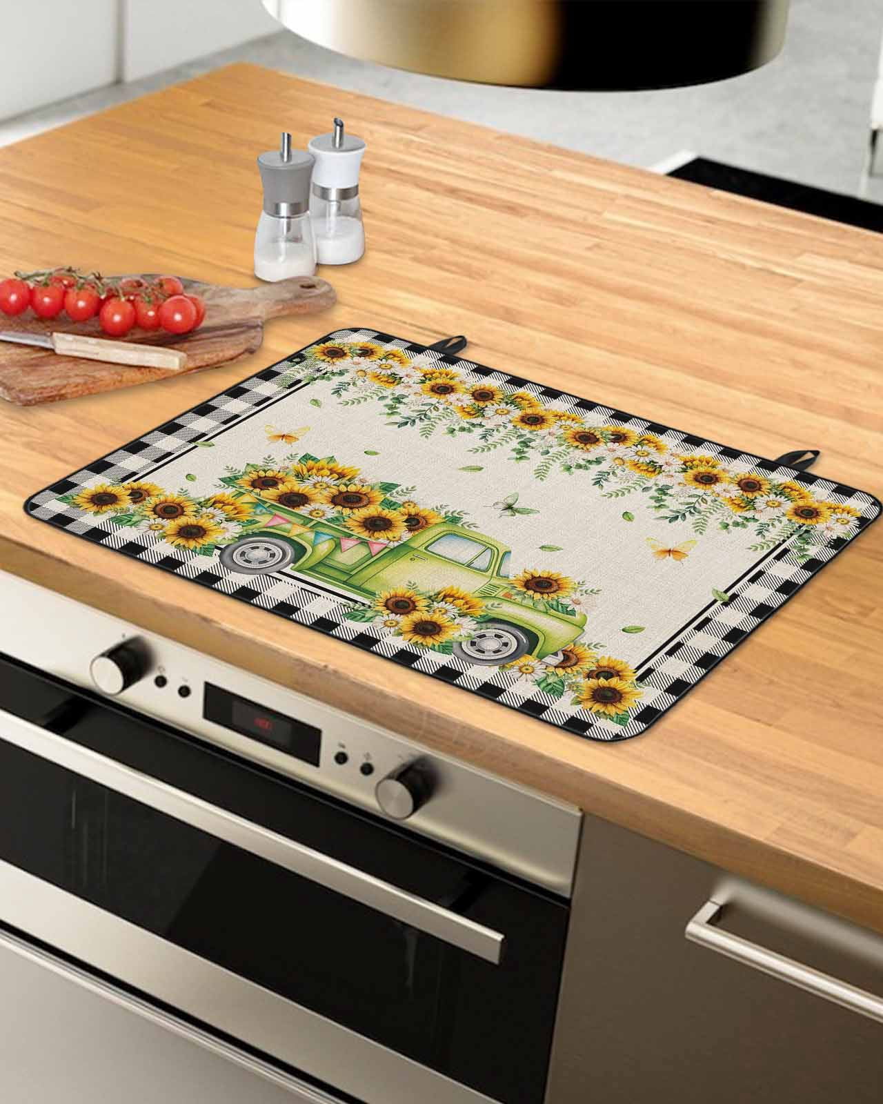Large Induction Cooktop Protector Mat Sunflowers Stove Top Covers for Electric Stove, Spring Farmhouse Vintage Truck Leaf Black Plaid Decorative Stove Burner Cover Mats, Glass Top Stove Cover