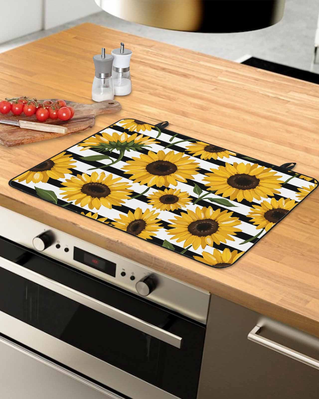 Large Induction Cooktop Protector Mat Sunflowers Stove Top Covers for Electric Stove, Summer Vintage Country Floral Black White Stripes Decorative Stove Burner Cover Mats, Glass Top Stove Cover