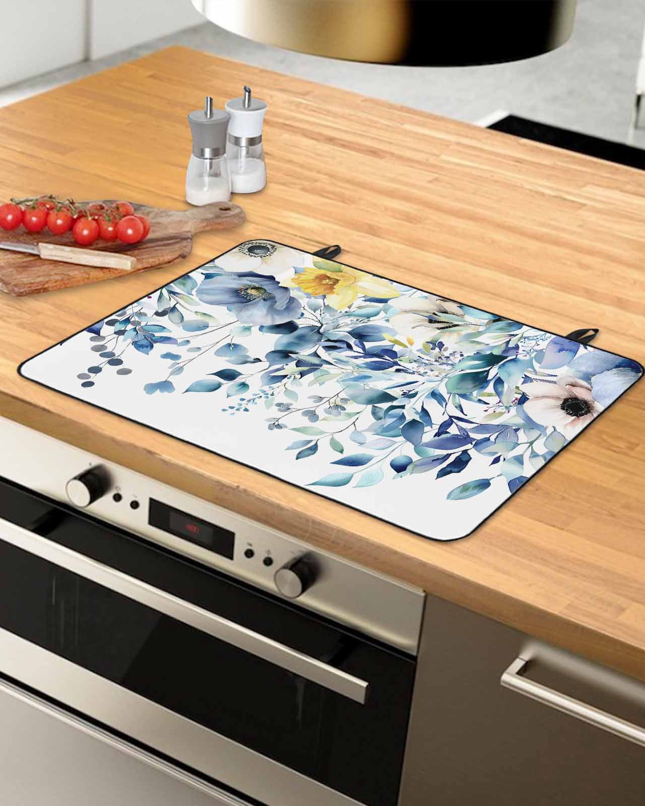 Large Induction Cooktop Protector Mat Teal Blue Eucalyptus Stove Top Covers for Electric Stove, Spring Garden Floral Leaves Botanical Decorative Stove Burner Cover Mats, Glass Top Stove Cover