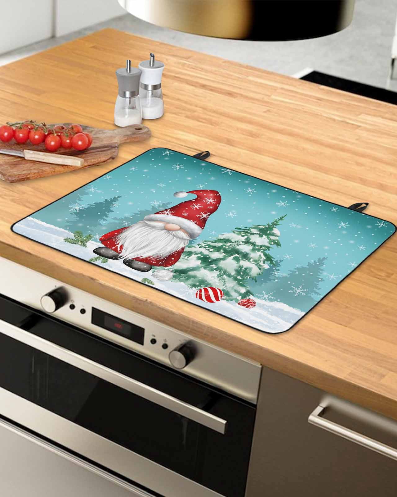 Large Induction Cooktop Protector Mat Teal Gnomes Christmas Stove Top Covers for Electric Stove, Xmas Tree Balls Snowflake Decorative Stove Burner Cover Mats, Glass Top Stove Cover