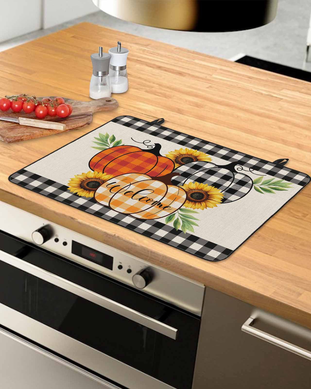 Large Induction Cooktop Protector Mat Thanksgiving Fall Stove Top Covers for Electric Stove, Retro Orange Black Plaid Pumpkin Floral Decorative Stove Burner Cover Mats, Glass Top Stove Cover