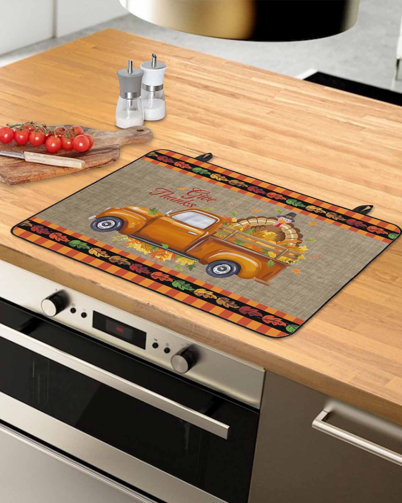 Large Induction Cooktop Protector Mat Thanksgiving Stove Top Covers for Electric Stove, Fall Brown Orange Truck Maple Leaves Turkey Decorative Stove Burner Cover Mats, Glass Top Stove Cover