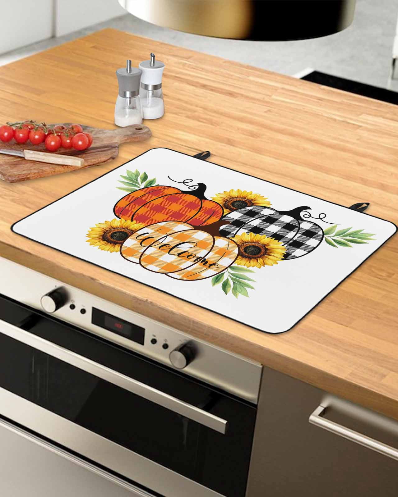 Large Induction Cooktop Protector Mat Thanksgiving Stove Top Covers for Electric Stove, Fall Colorful Plaid Pumpkin Sunflower Leaf Decorative Stove Burner Cover Mats, Glass Top Stove Cover