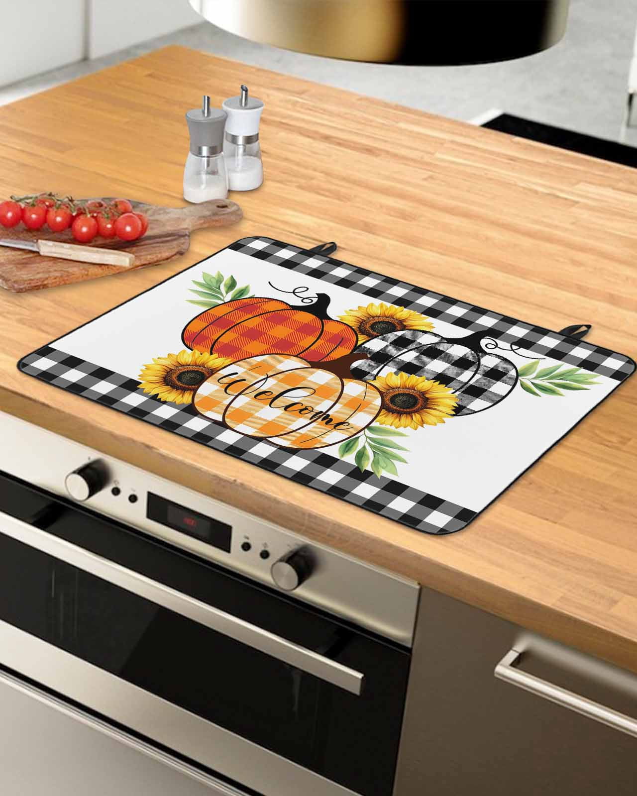 Large Induction Cooktop Protector Mat Thanksgiving Stove Top Covers for Electric Stove, Fall Orange Black Plaid Pumpkin Sunflower Decorative Stove Burner Cover Mats, Glass Top Stove Cover