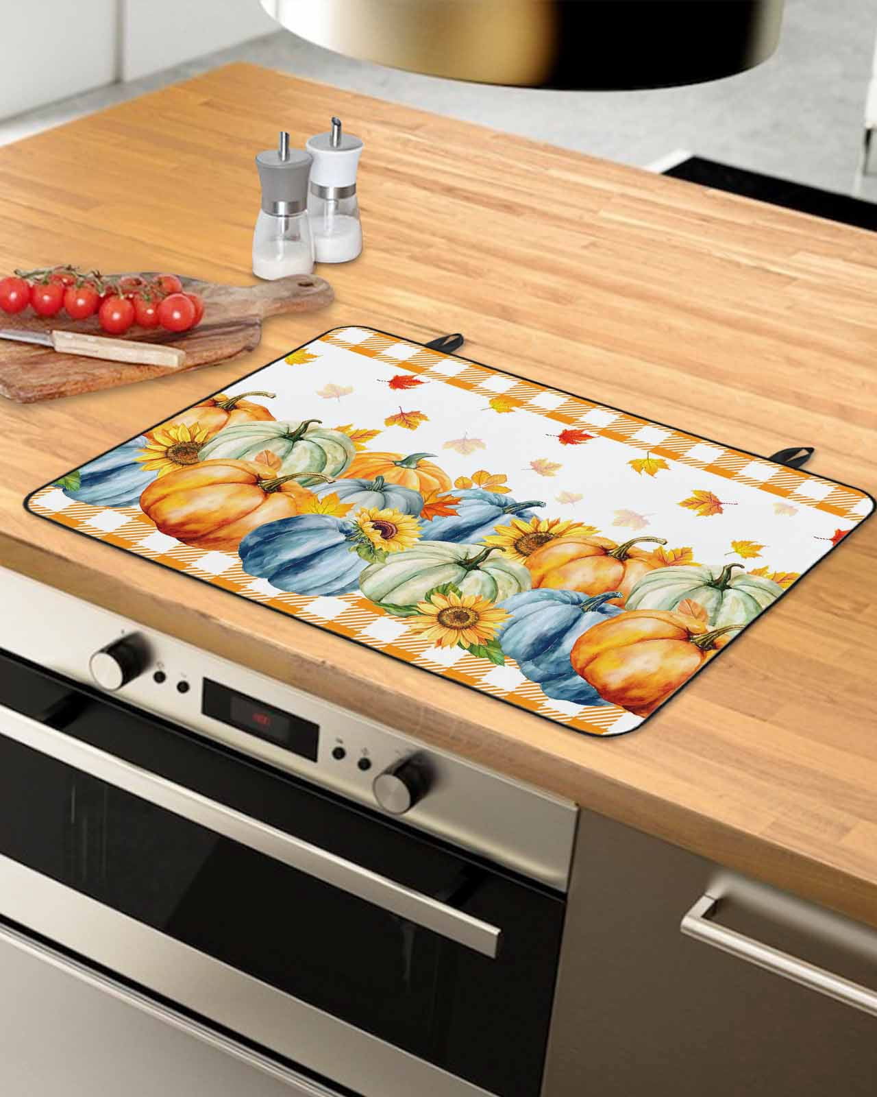 Large Induction Cooktop Protector Mat Thanksgiving Stove Top Covers for Electric Stove, Fall Orange Blue Pumpkin Maple Leaves Plaid Decorative Stove Burner Cover Mats, Glass Top Stove Cover